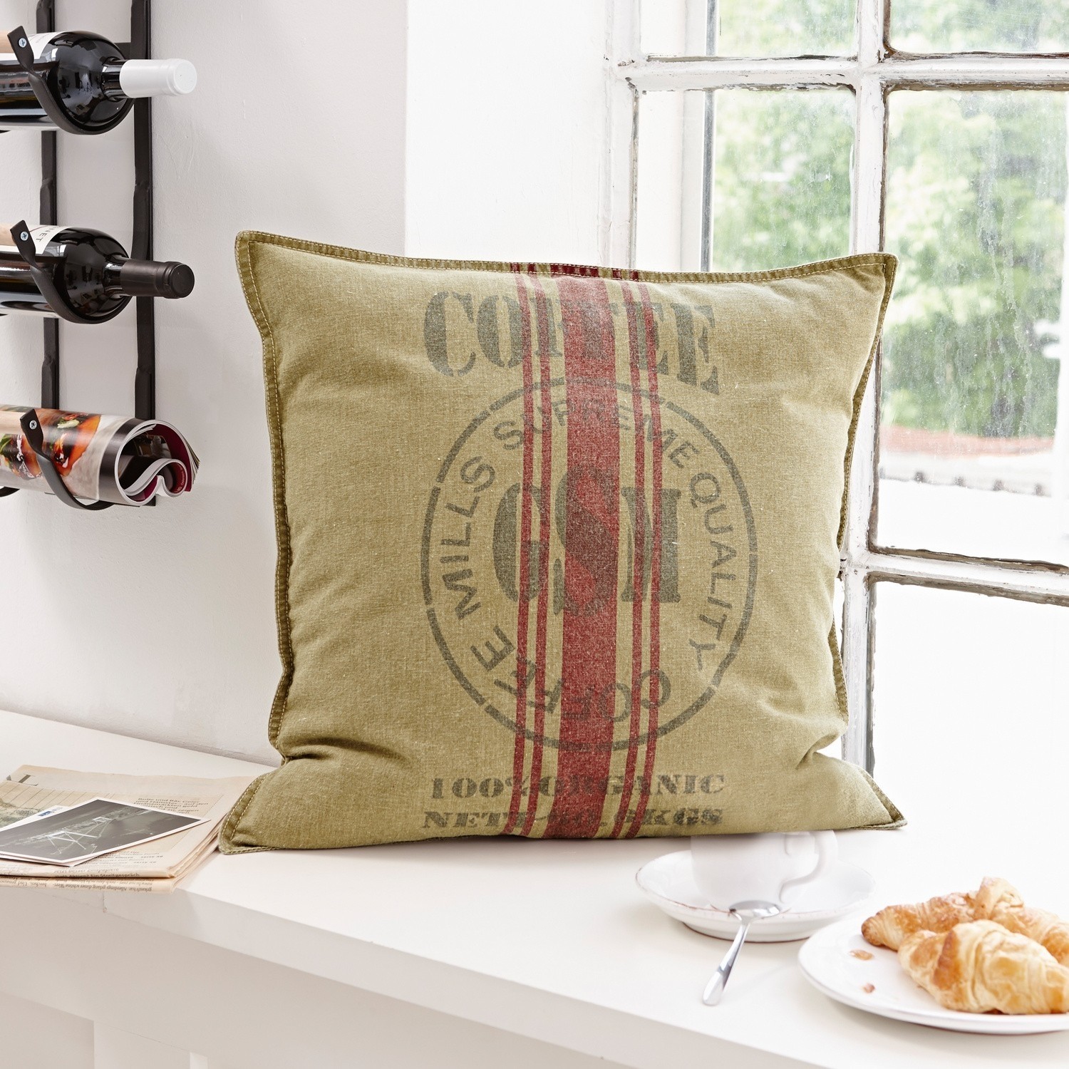 Coussin St. Louis Coussin beige en coton avec bande rouge et impression café, style vintage pour décoration intérieure