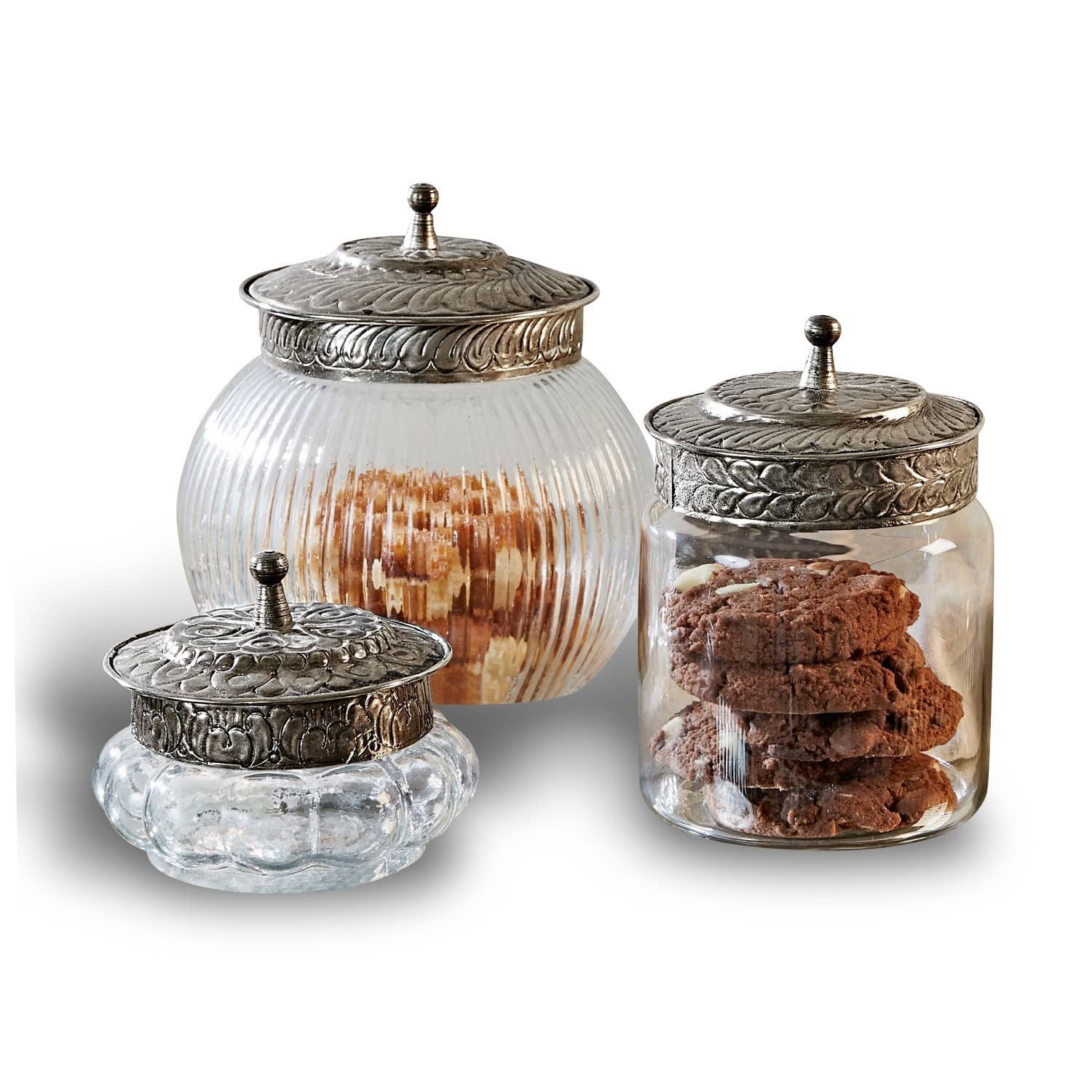 Lot de 3 bonbonnières Plévin Ensemble de trois bocaux en verre avec couvercles métalliques décoratifs pour biscuits et snacks