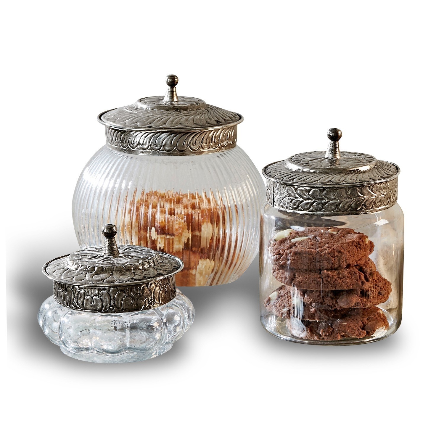 Lot de 3 bonbonnières Plévin Ensemble de trois bocaux en verre avec couvercles métalliques décoratifs pour biscuits et snacks