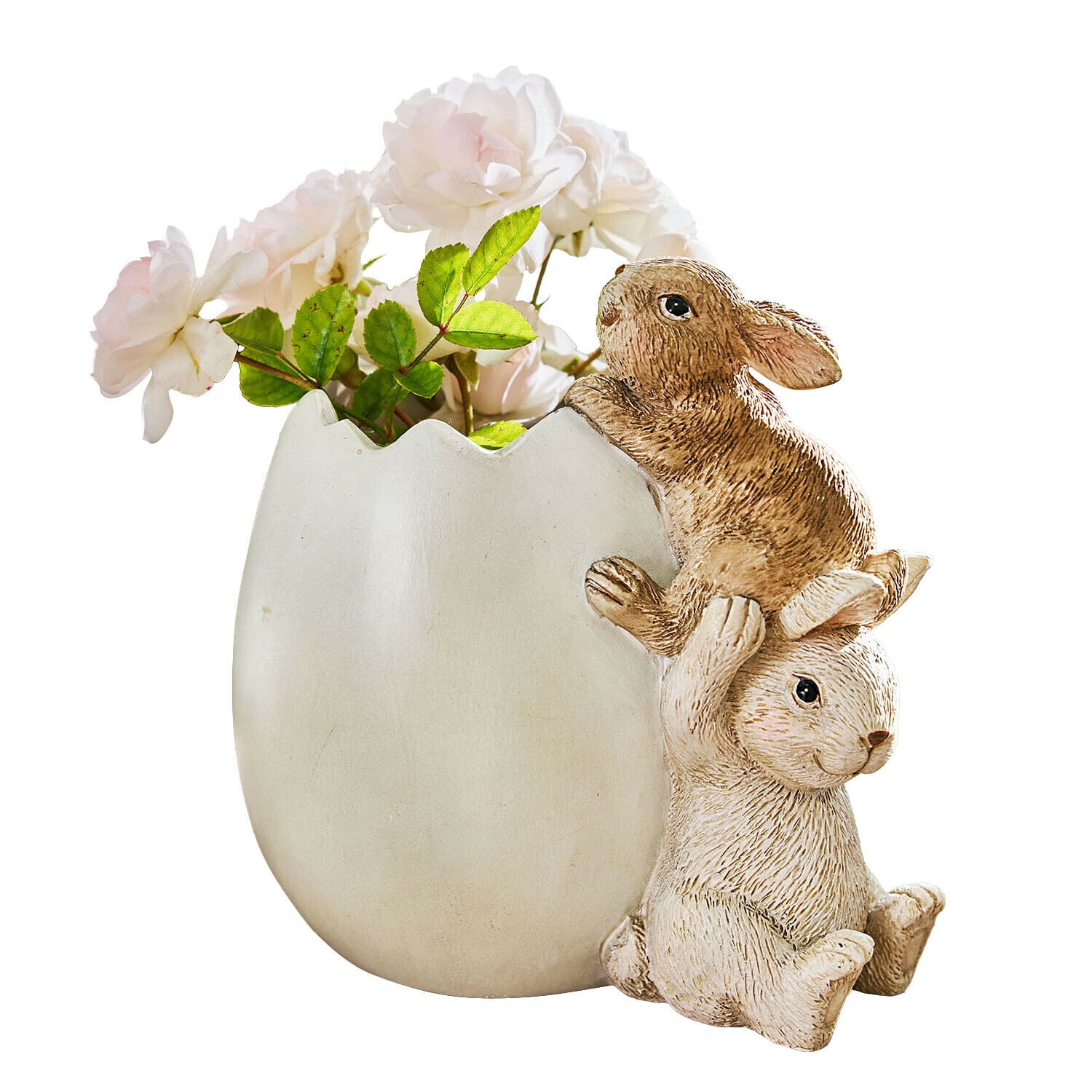 Œuf et lapins Willowmare Vase en céramique blanc en forme de coquille avec deux lapins bruns et des fleurs roses