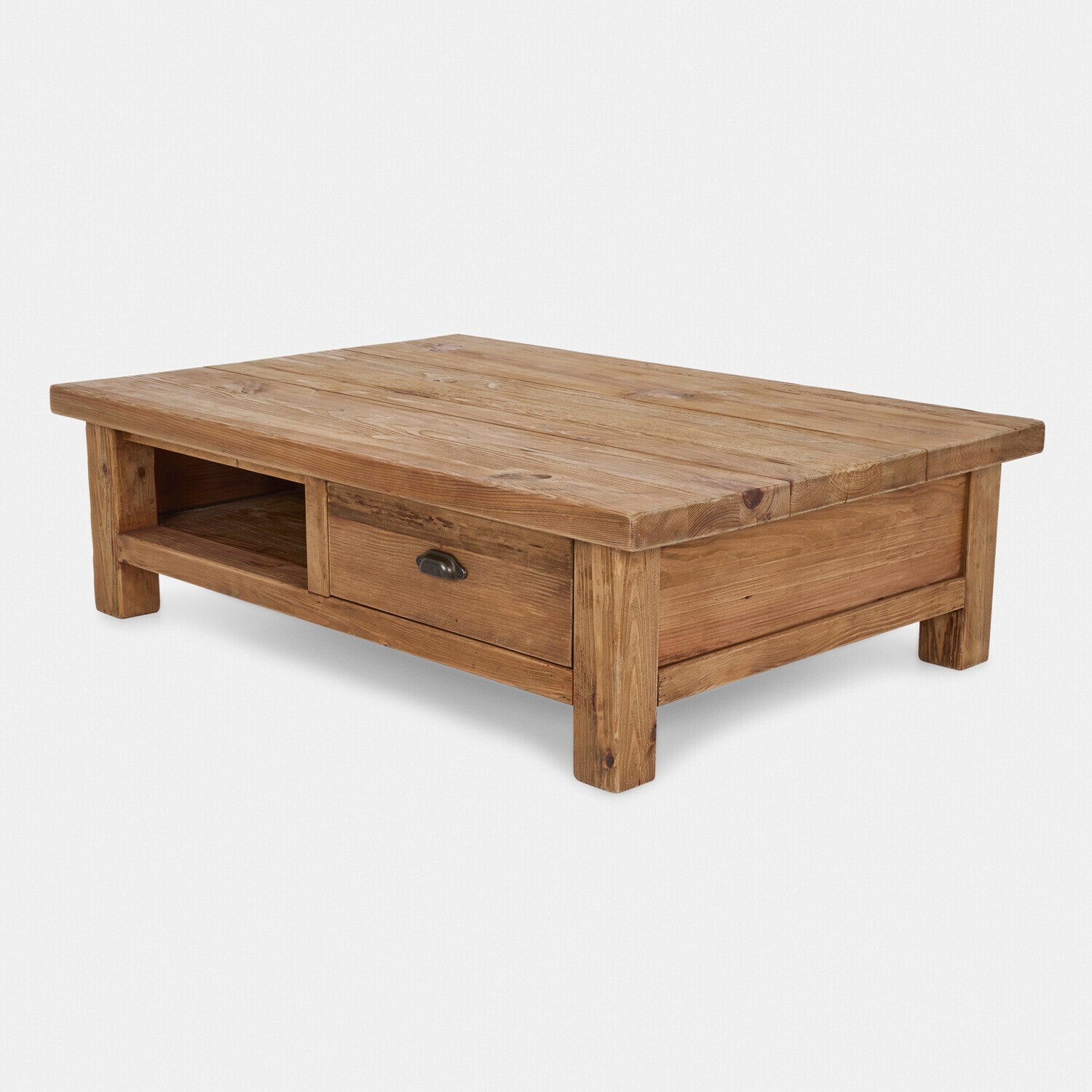 Table basse en bois de pin naturel avec tiroir et étagère pour rangement pratique