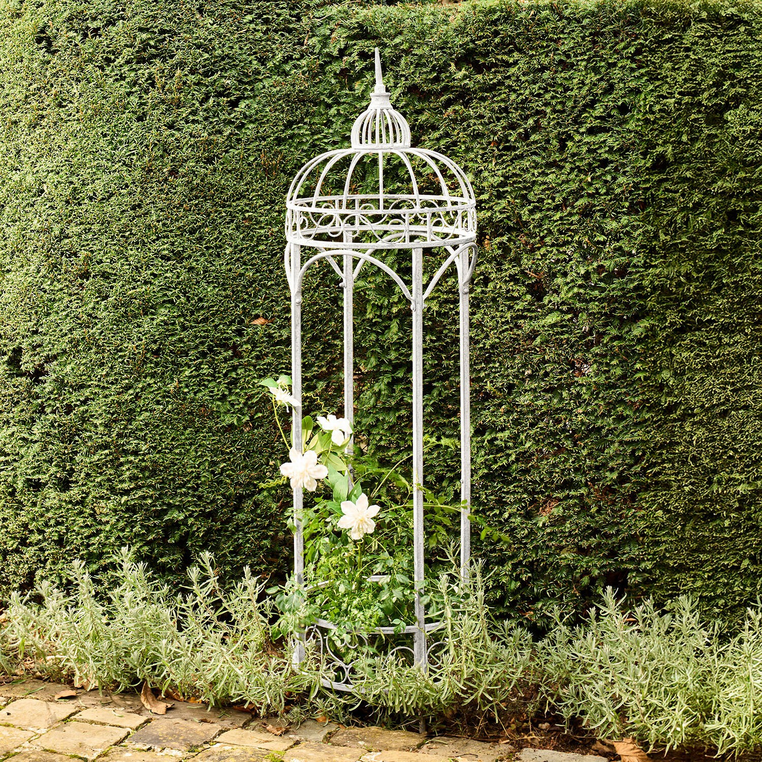 Tonelle de jardin en métal blanc avec motif décoratif, supportant des plantes grimpantes devant une haie verte
