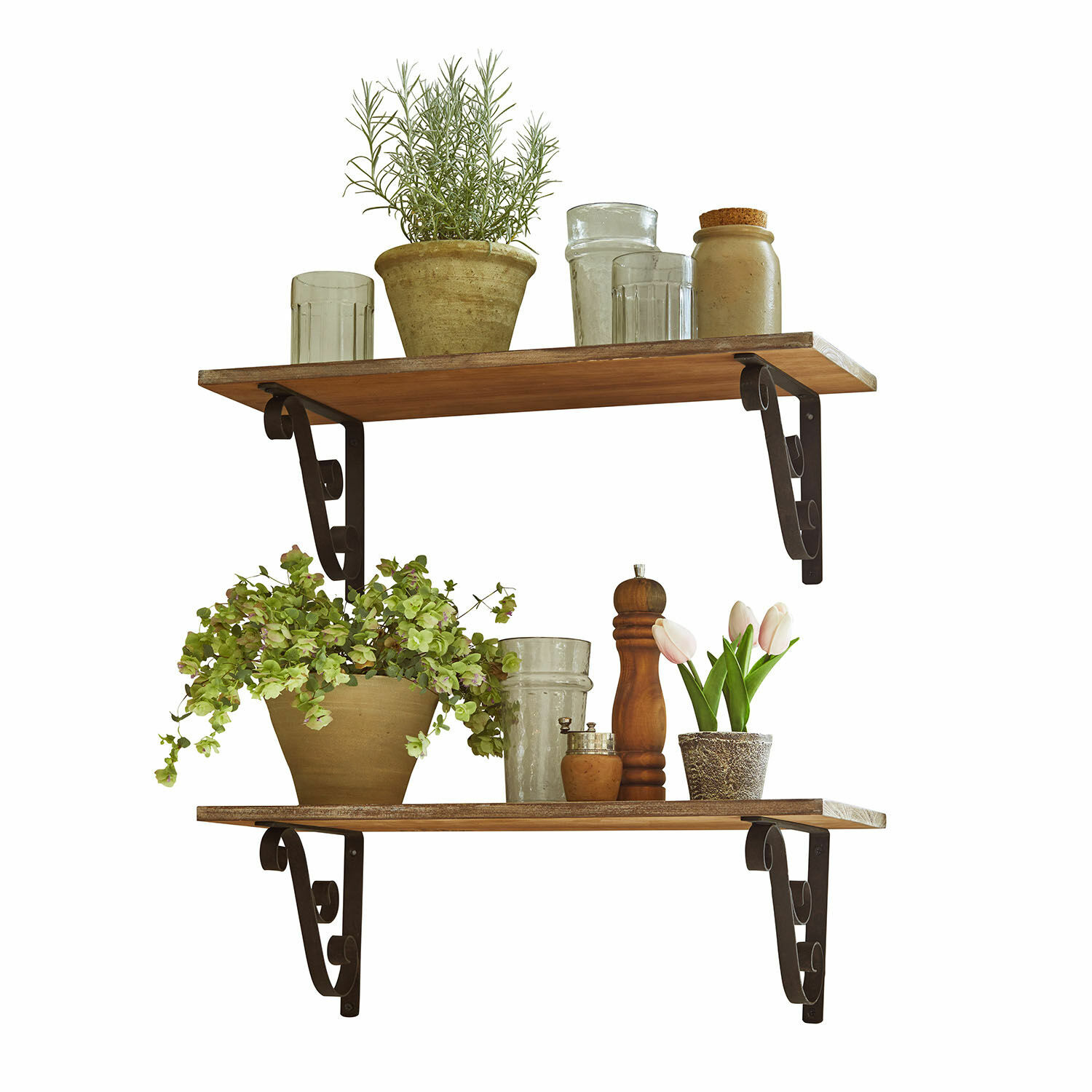 Lot de 2 étagères murales Dravile Étagères murales en bois avec supports métalliques, décorées de pots de fleurs et de bocaux en verre