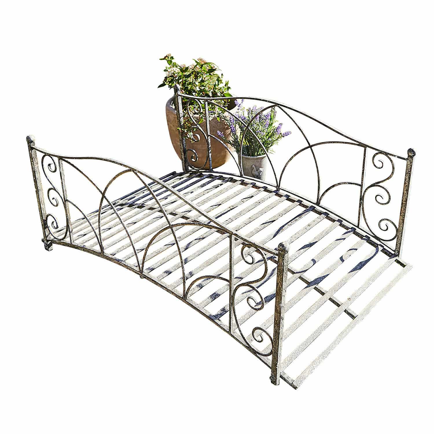 Pont décoratif Escàs Banc de jardin en métal style vintage avec décorations ornementales et espace pour plantes