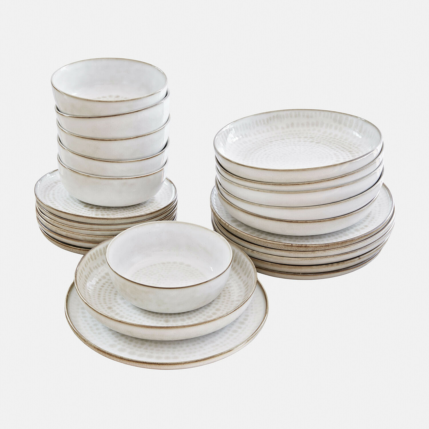 Service 24 pièces Marnis Service de vaisselle en céramique blanche avec motif discret et bord brun, assiettes et bols empilés