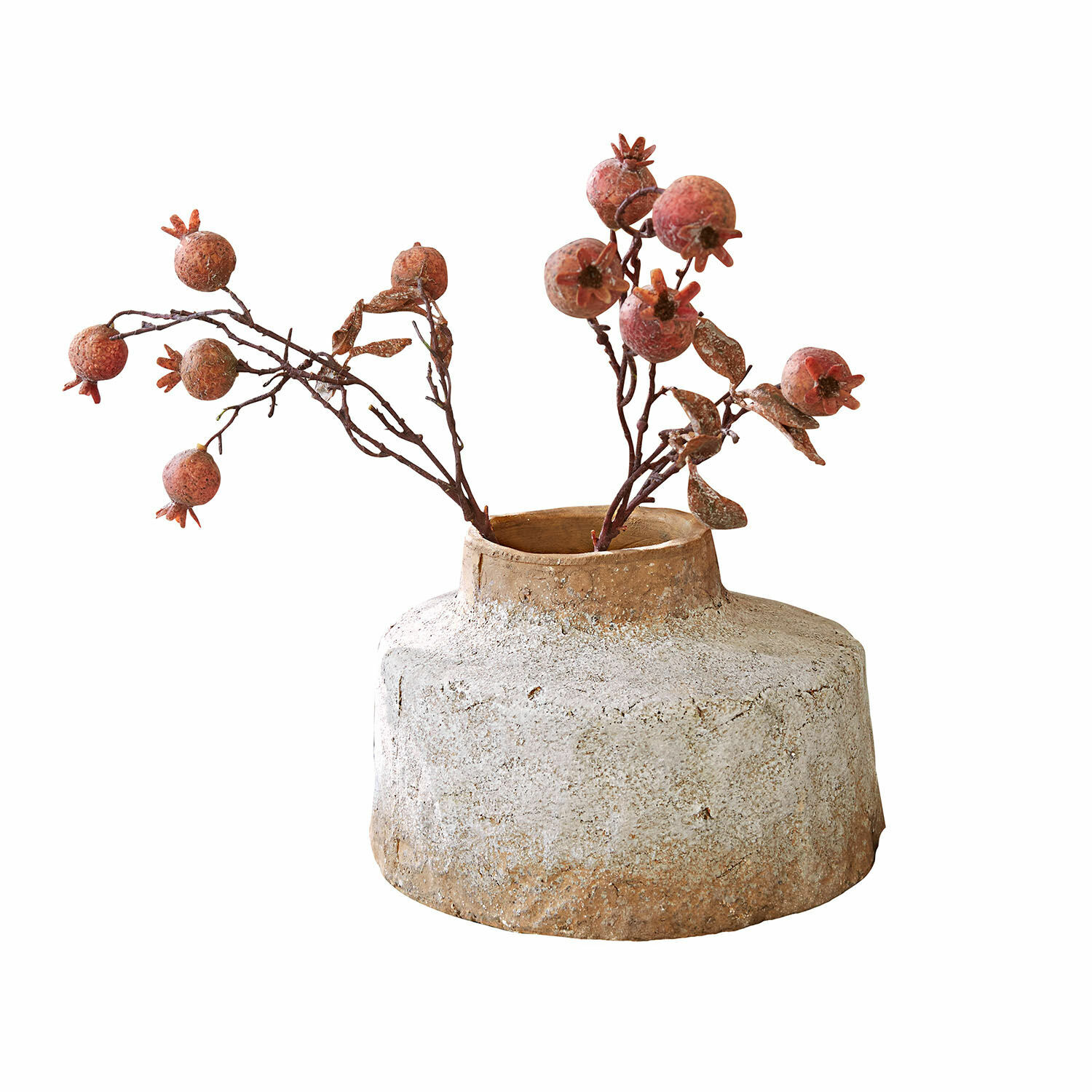 Vase Sévrac Vase rustique en céramique beige avec branches décoratives de fruits de grenade rouges