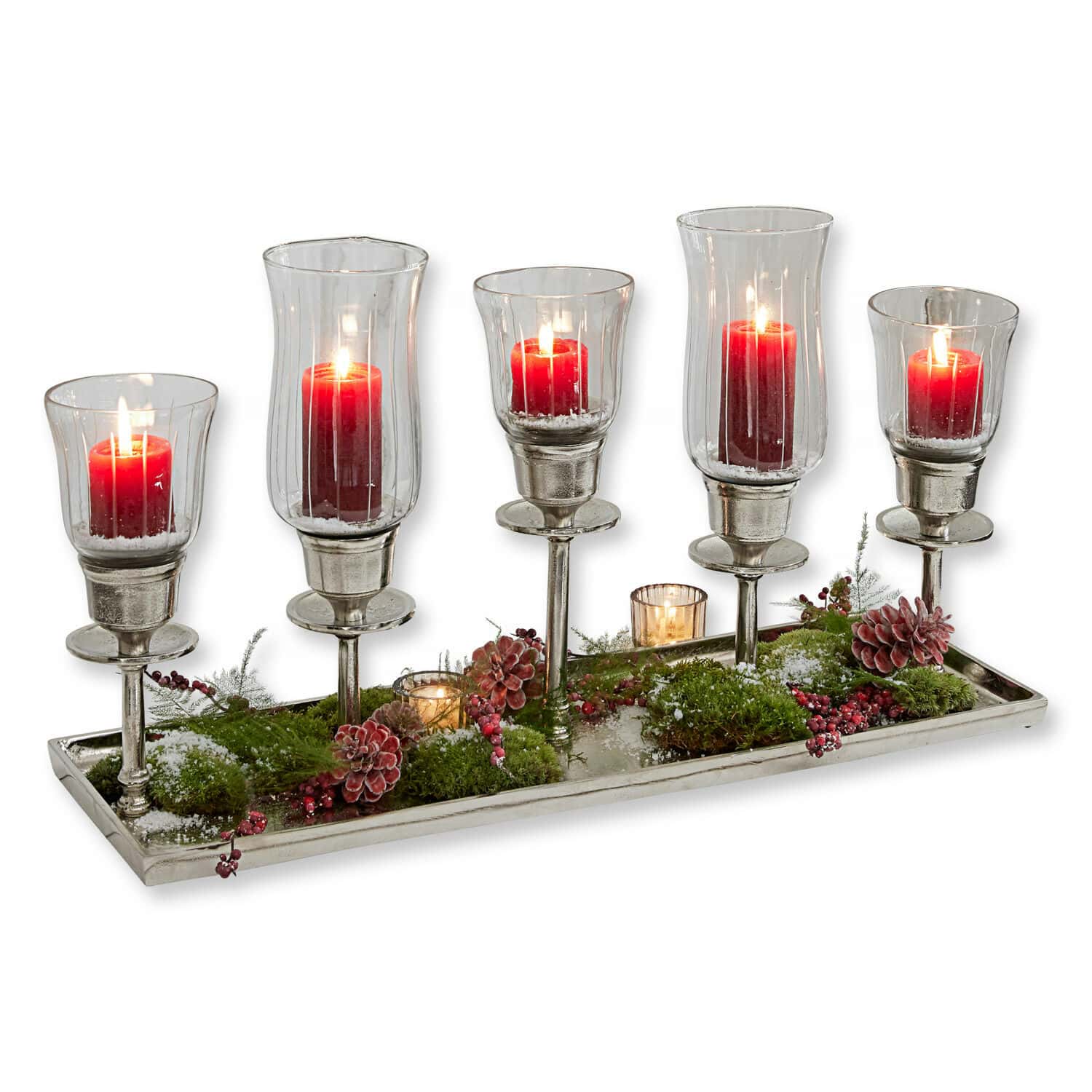 Plateau à bougies Ennedi Chandelier en métal et verre avec 5 bougies rouges, décorations de pommes de pin et mousse sur plateau
