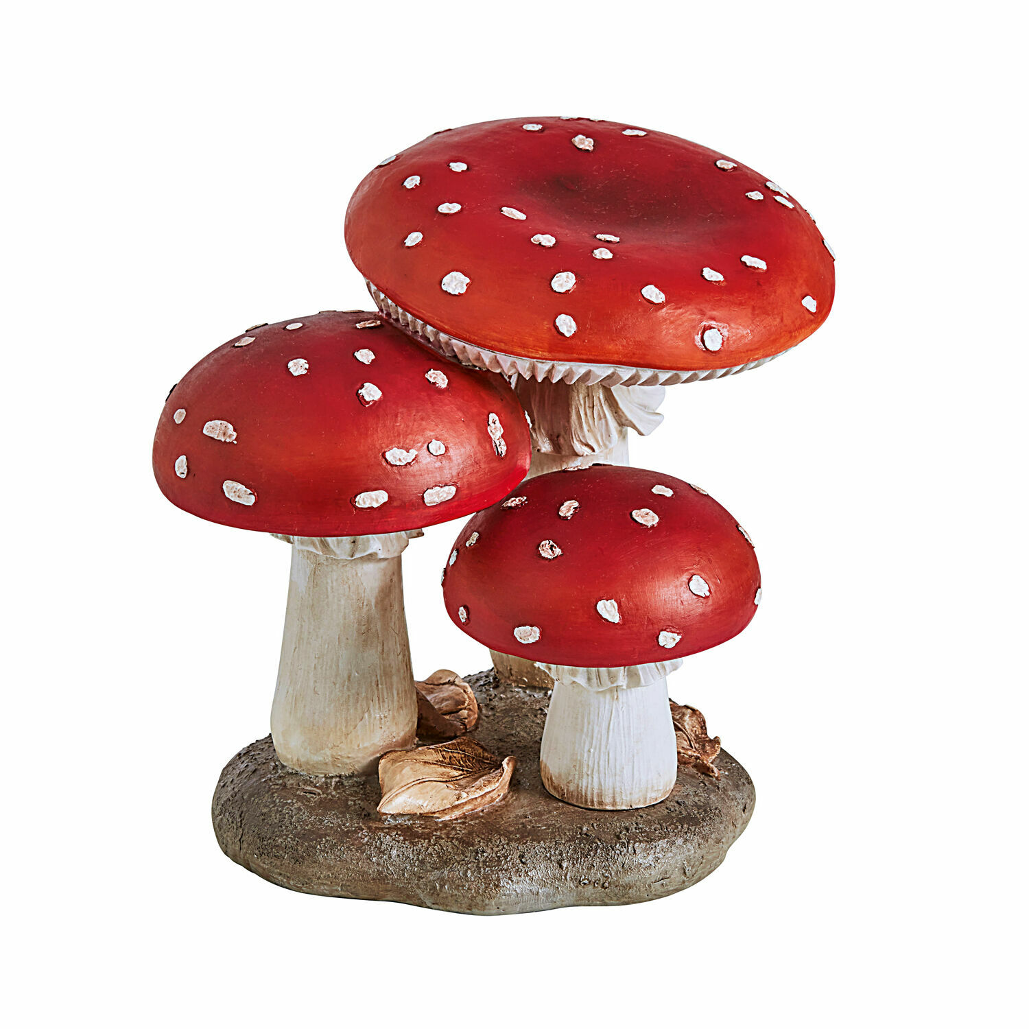 Champignons décoratifs Lupton Décoration de trois champignons rouges à pois blancs sur base marron avec feuilles, ornement de jardin