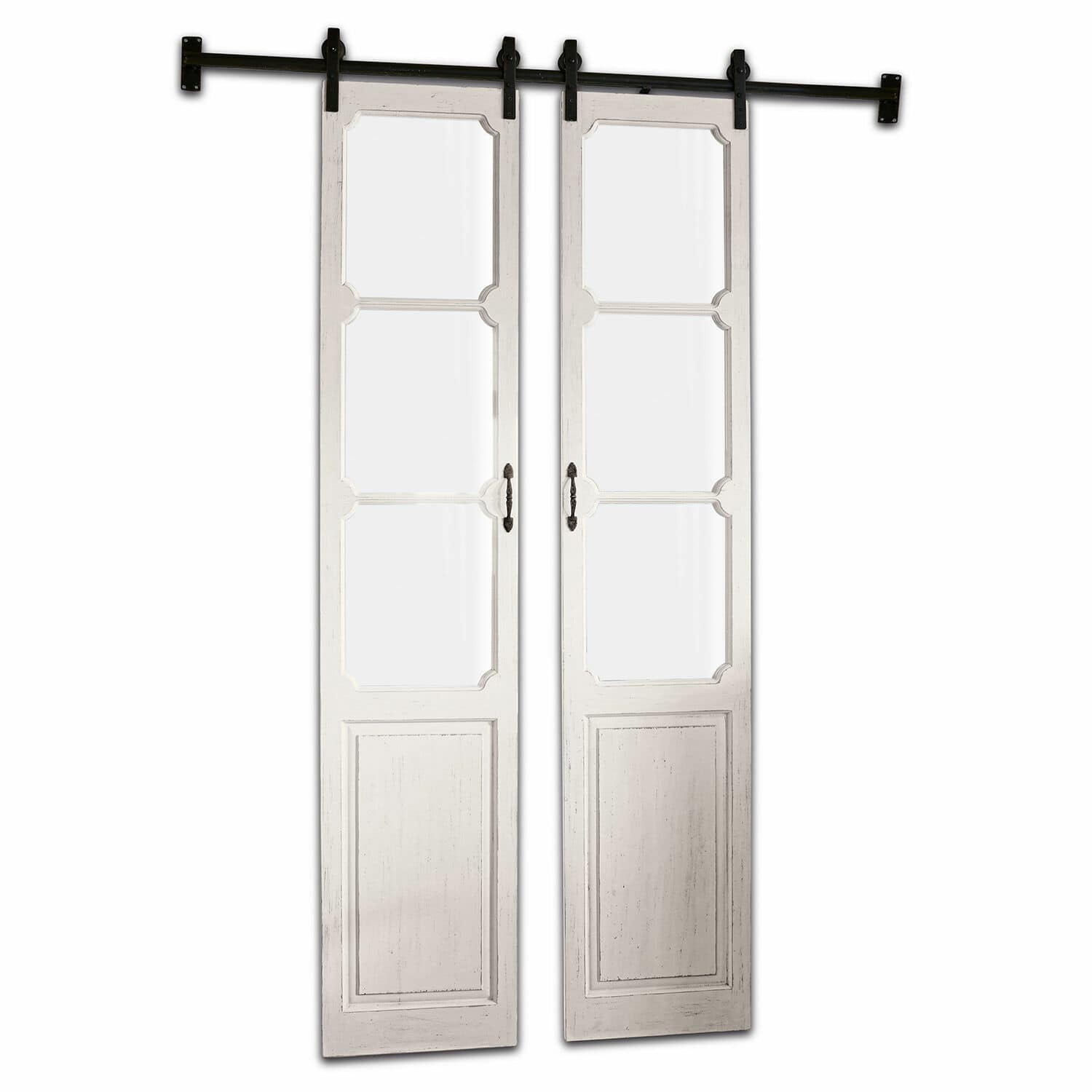Double porte coulissante Tibout Portes coulissantes blanches en bois avec panneaux vitrés et système de rail en métal noir