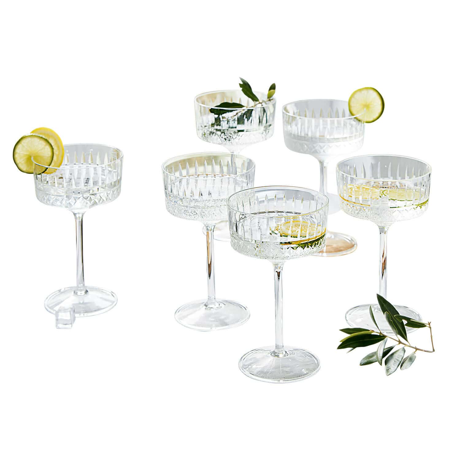 Lot de 6 coupes Deion Ensemble de six verres à cocktail en cristal avec décorations de citron et feuilles vertes