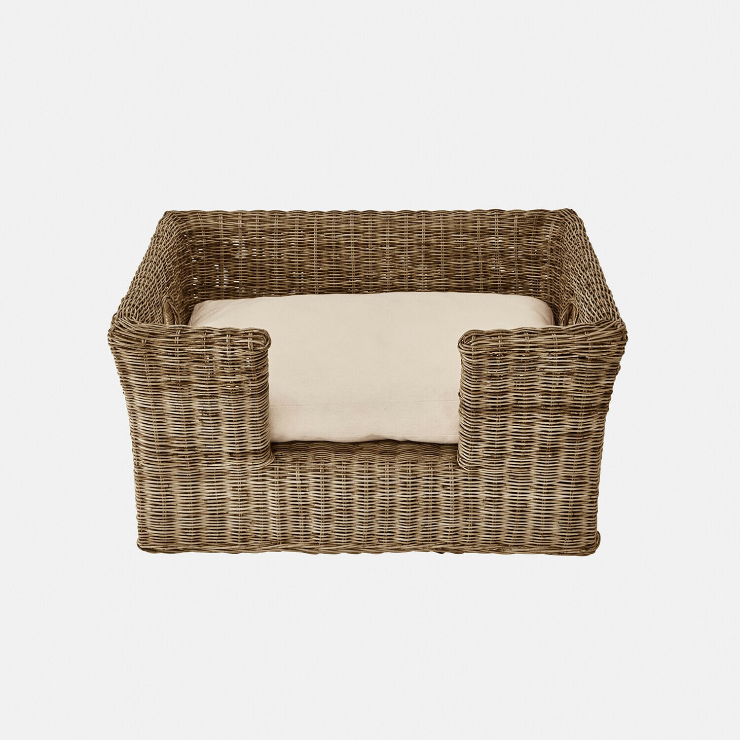 Panier pour animal en osier marron avec coussin crème, couchage confortable pour chien ou chat