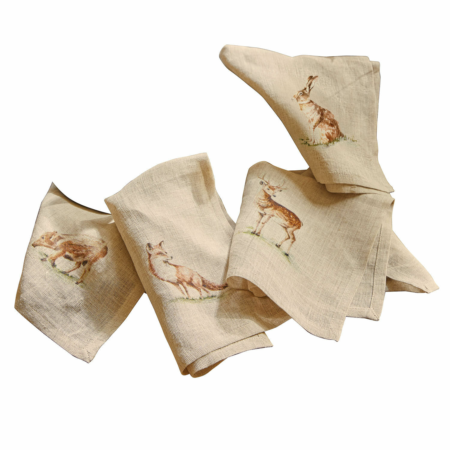 Lot de 4 serviettes de table Doucier Serviettes en lin beige avec motifs d'animaux de la forêt, parfaites pour une décoration de table automnale