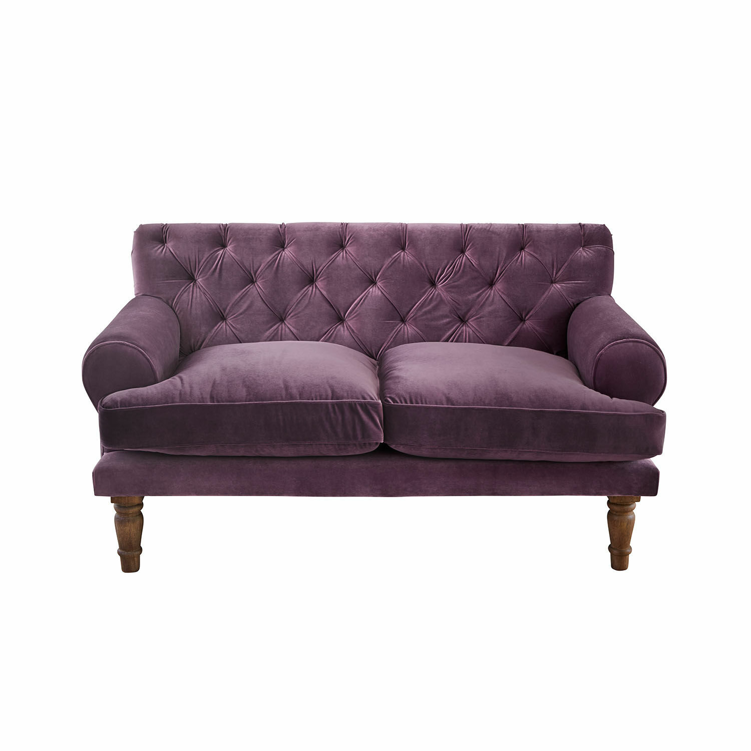 violet Canapé violet en velours avec dossier capitonné et pieds en bois, meuble élégant pour salon