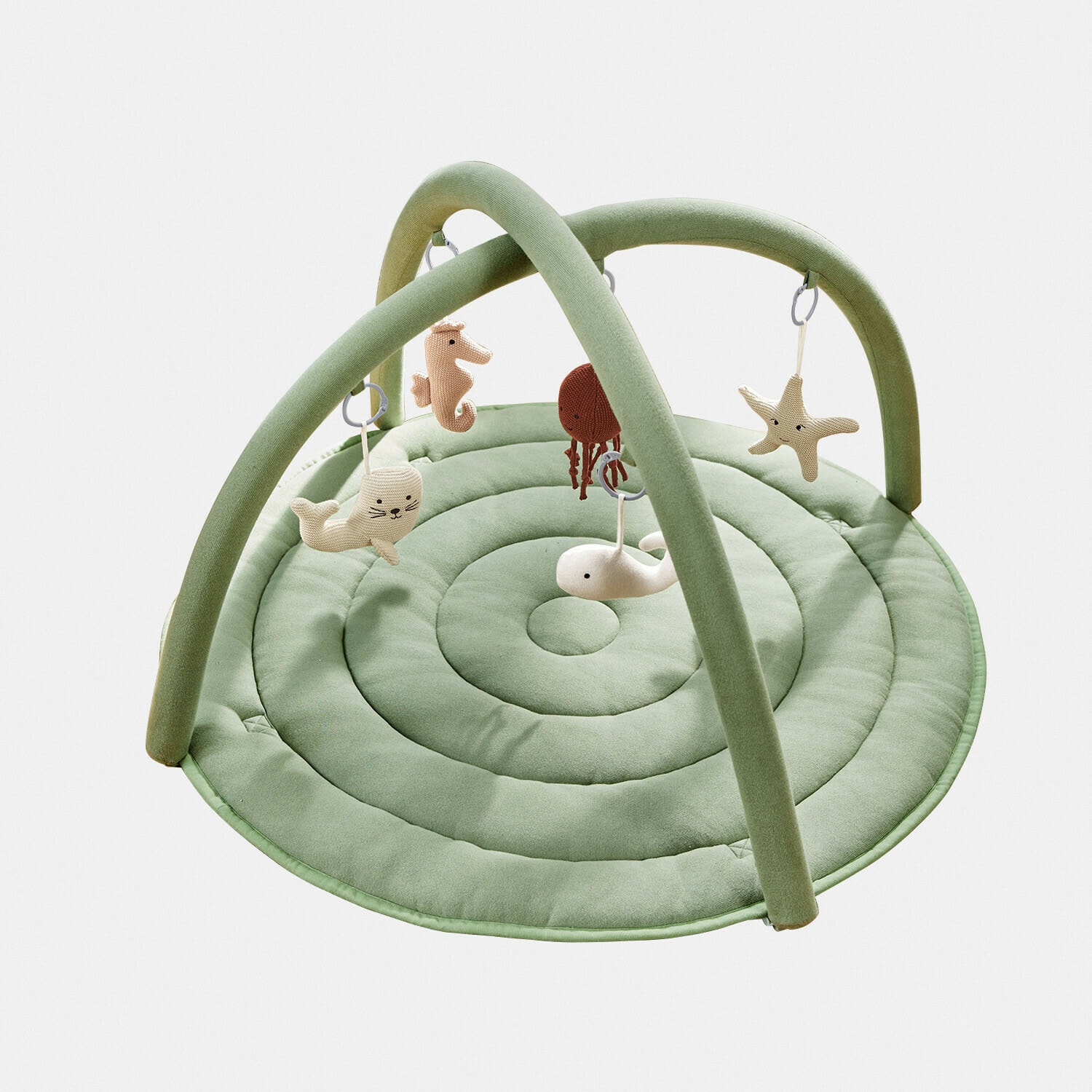 Arche de jeu Bubbilo Tapis de jeu vert doux avec arches et jouets suspendus en forme d'animaux marins pour bébé