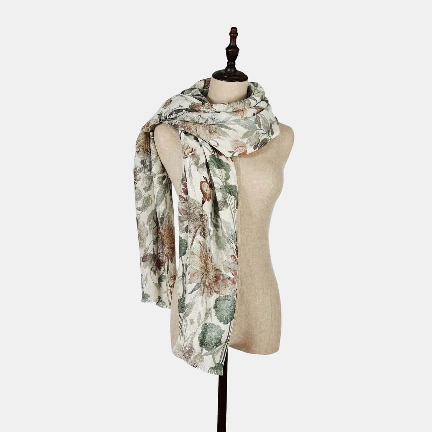 Étole Nolaria Écharpe légère à motif floral vert et marron sur fond beige, tissu doux et aéré pour un style élégant