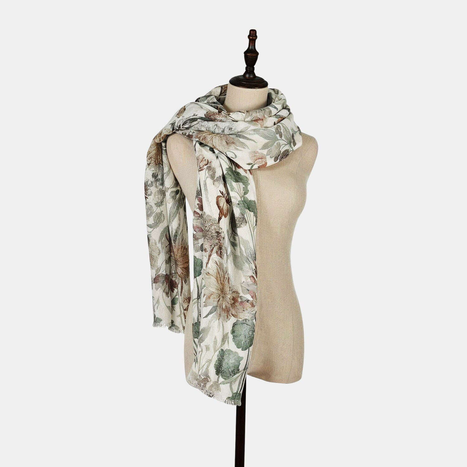 Étole Nolaria Écharpe légère à motif floral vert et marron sur fond beige, tissu doux et aéré pour un style élégant