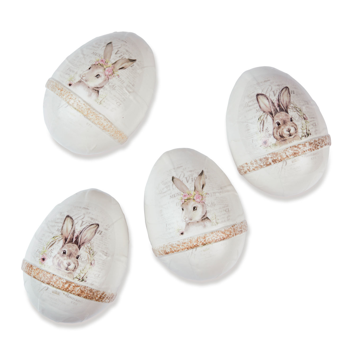 Lot de 4 œufs de Pâques Libell Ensemble de quatre œufs décoratifs blancs avec motifs de lapins et ruban style vintage