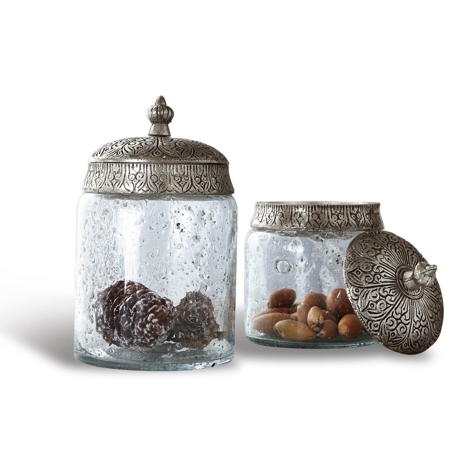 Lot de 2 pots en verre Laurnena Bocaux en verre avec couvercles en métal argenté ornés, contenant des décorations naturelles à l'intérieur