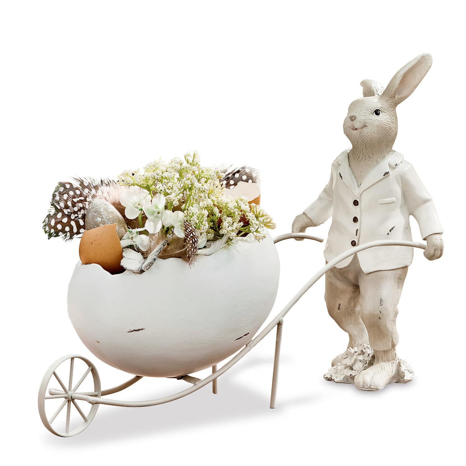 Lapin Jaris Lapin décoratif blanc en métal poussant une brouette avec un pot en forme de coquille d'œuf et des fleurs
