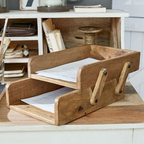 Organisateur pliant en bois naturel pour documents, idéal pour bureau et maison