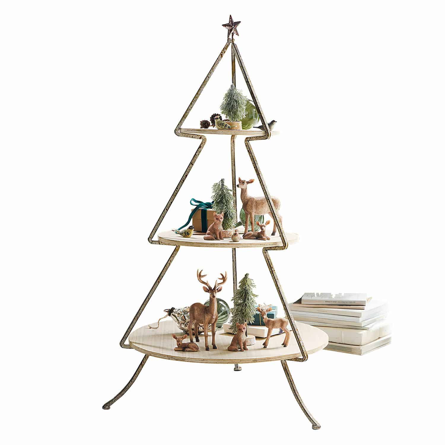 Présentoir à étages Wélonice Étagère en métal en forme de sapin avec plateaux en bois et décorations de Noël avec rennes