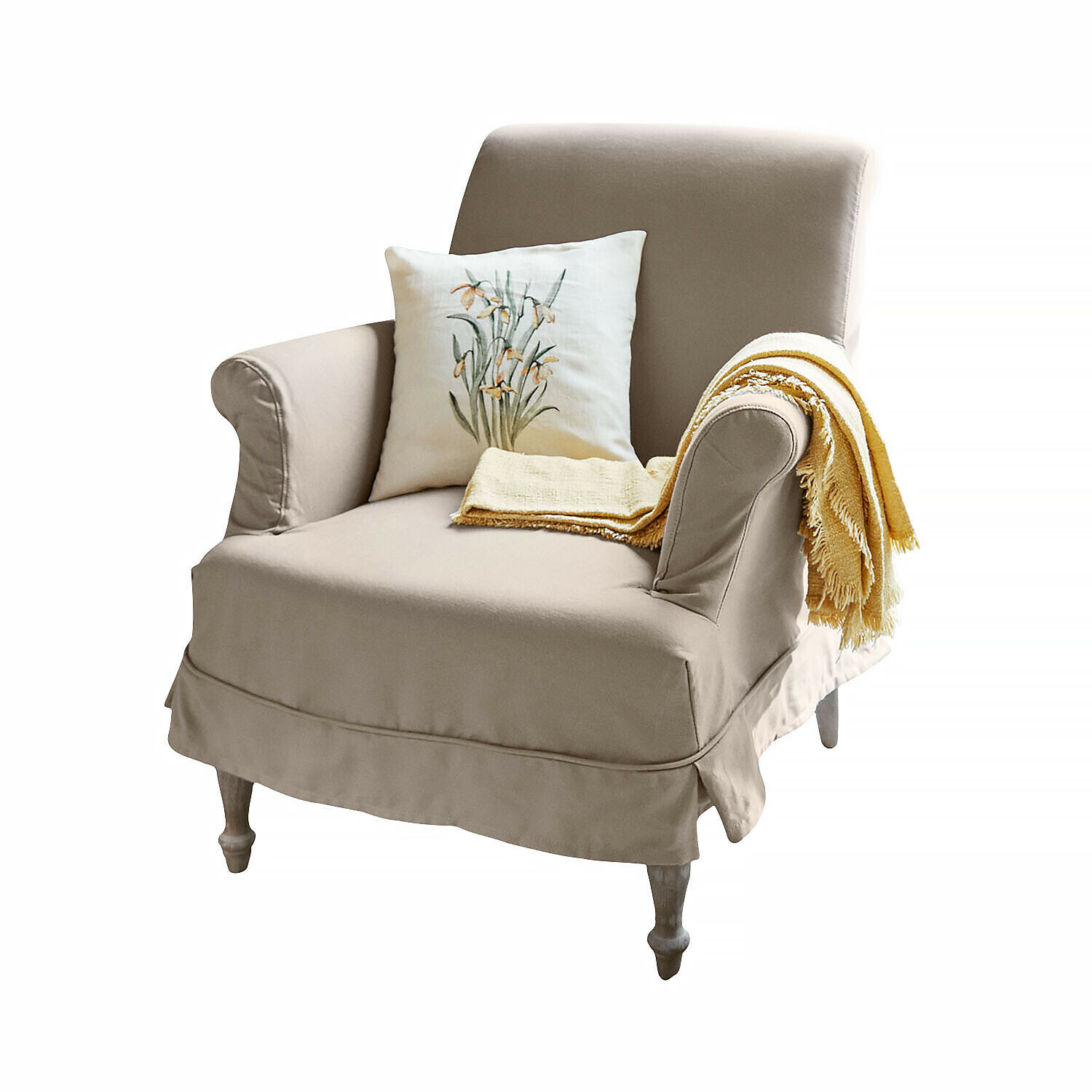 Fauteuil Everleighs Fauteuil beige en tissu avec coussin floral et plaid jaune, meuble confortable pour salon moderne