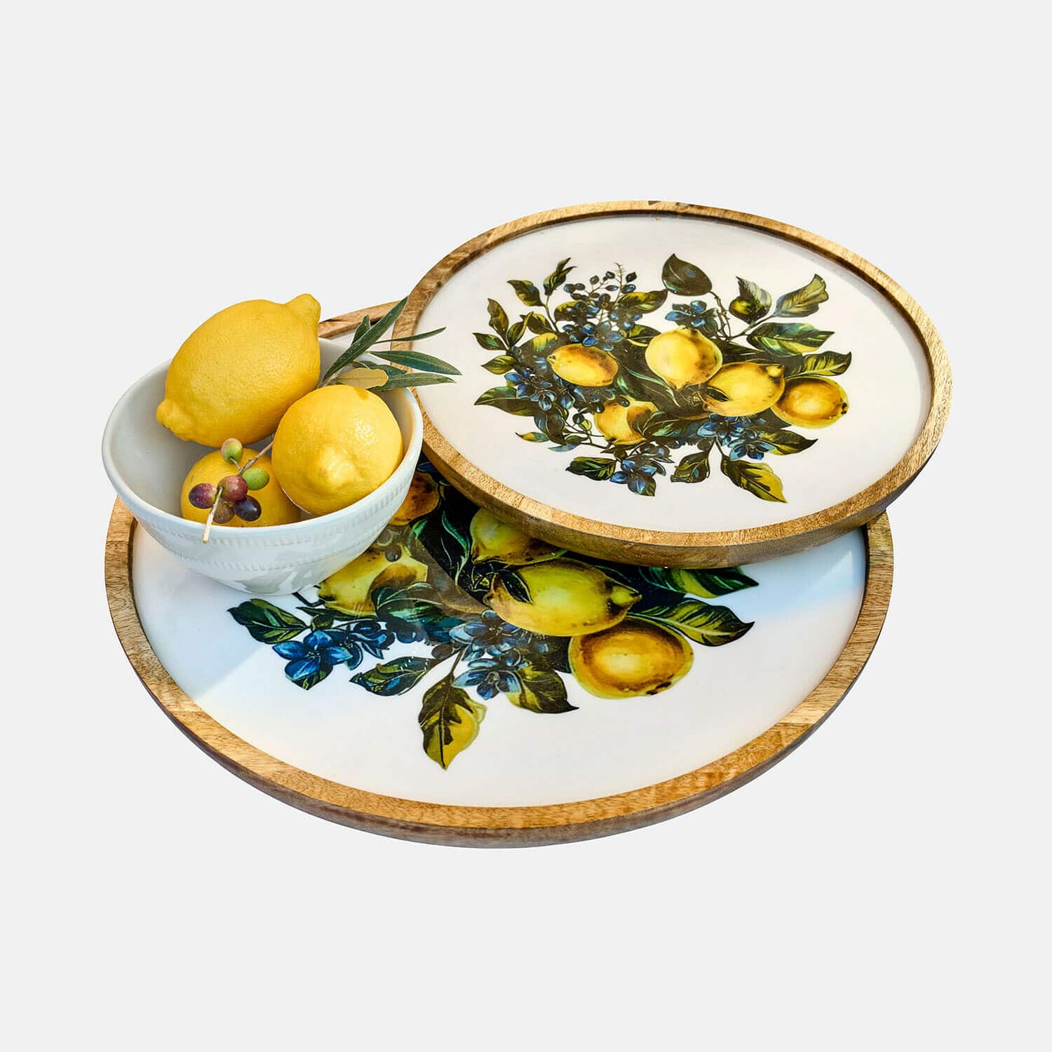 Lot de 2 plateaux Solianne Plateaux en bois avec motif citron et fleurs bleues, bol blanc avec citrons, décoration de table colorée