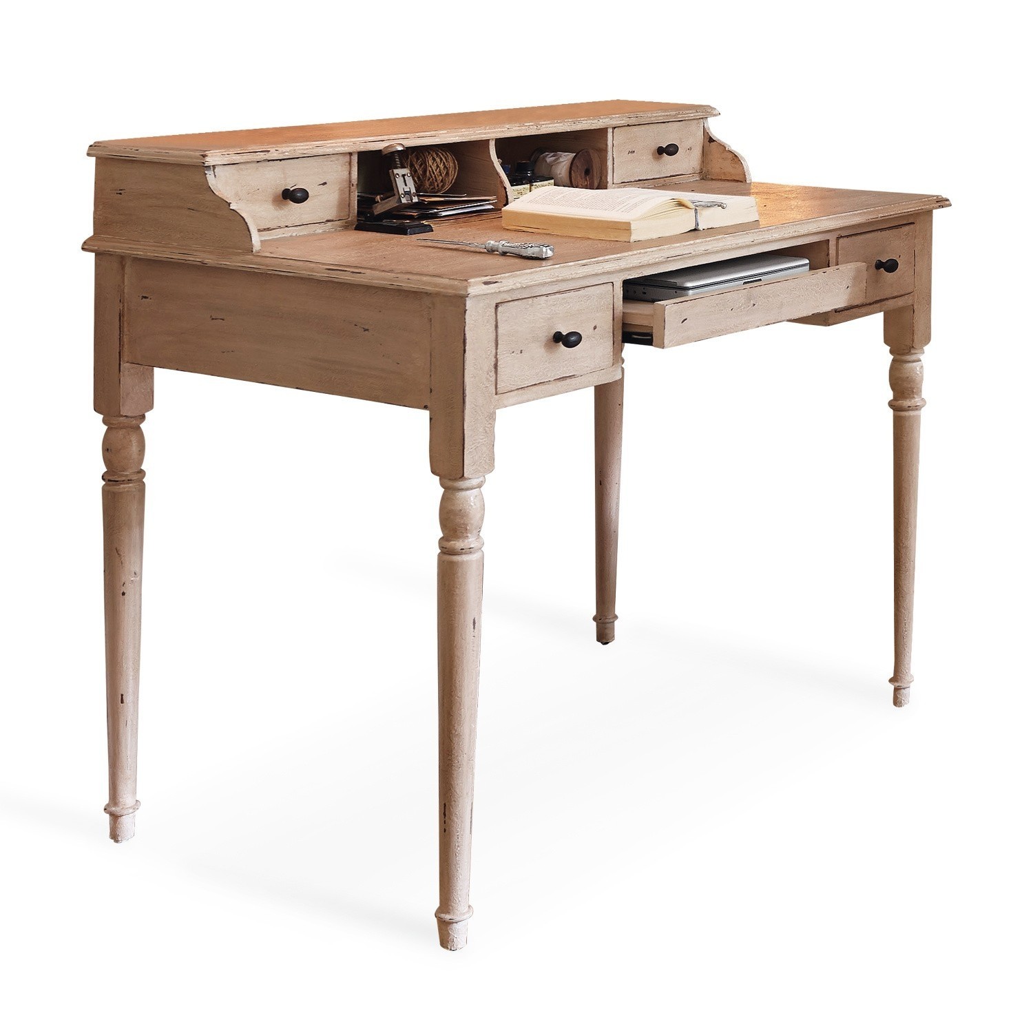 crème Secrétaire crème en bois avec tiroirs et étagères, style vintage pour bureau et maison