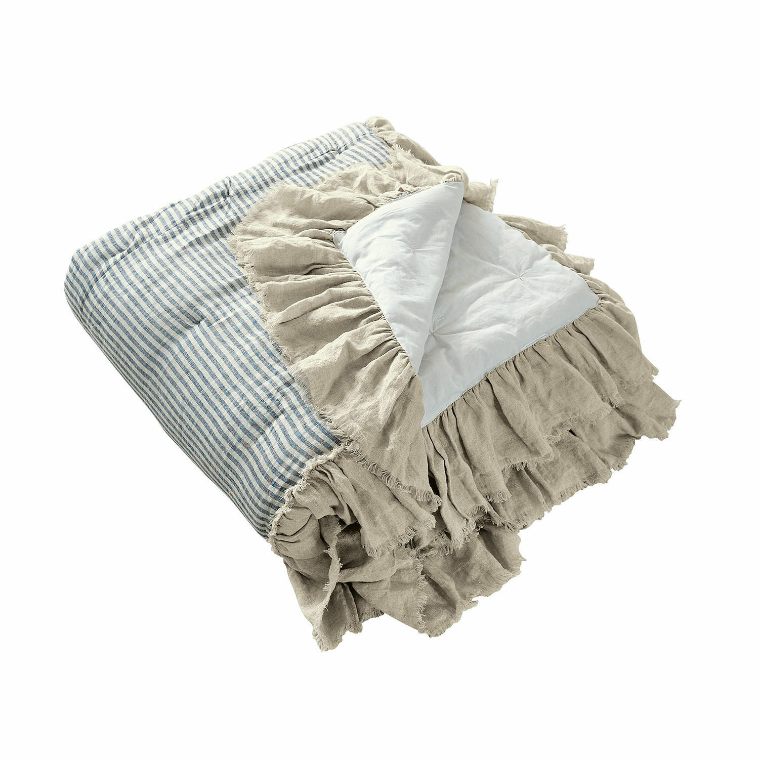 Courtepointe Alexane Couette matelassée en lin beige avec rayures bleues et volants, linge de lit décoratif
