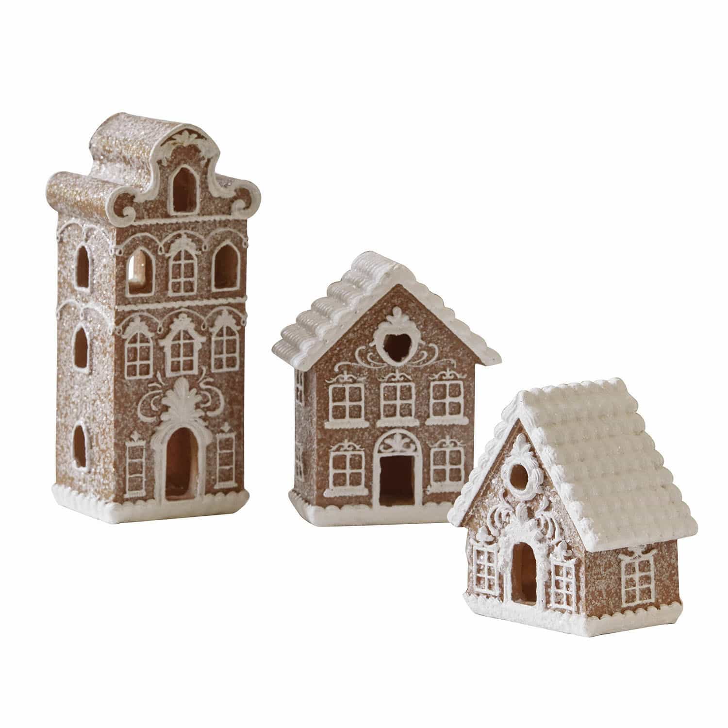 Lot de 3 maisons décoratives Gabin Ensemble de trois maisons en céramique marron décorées de blanc, style pain d'épices pour décoration festive