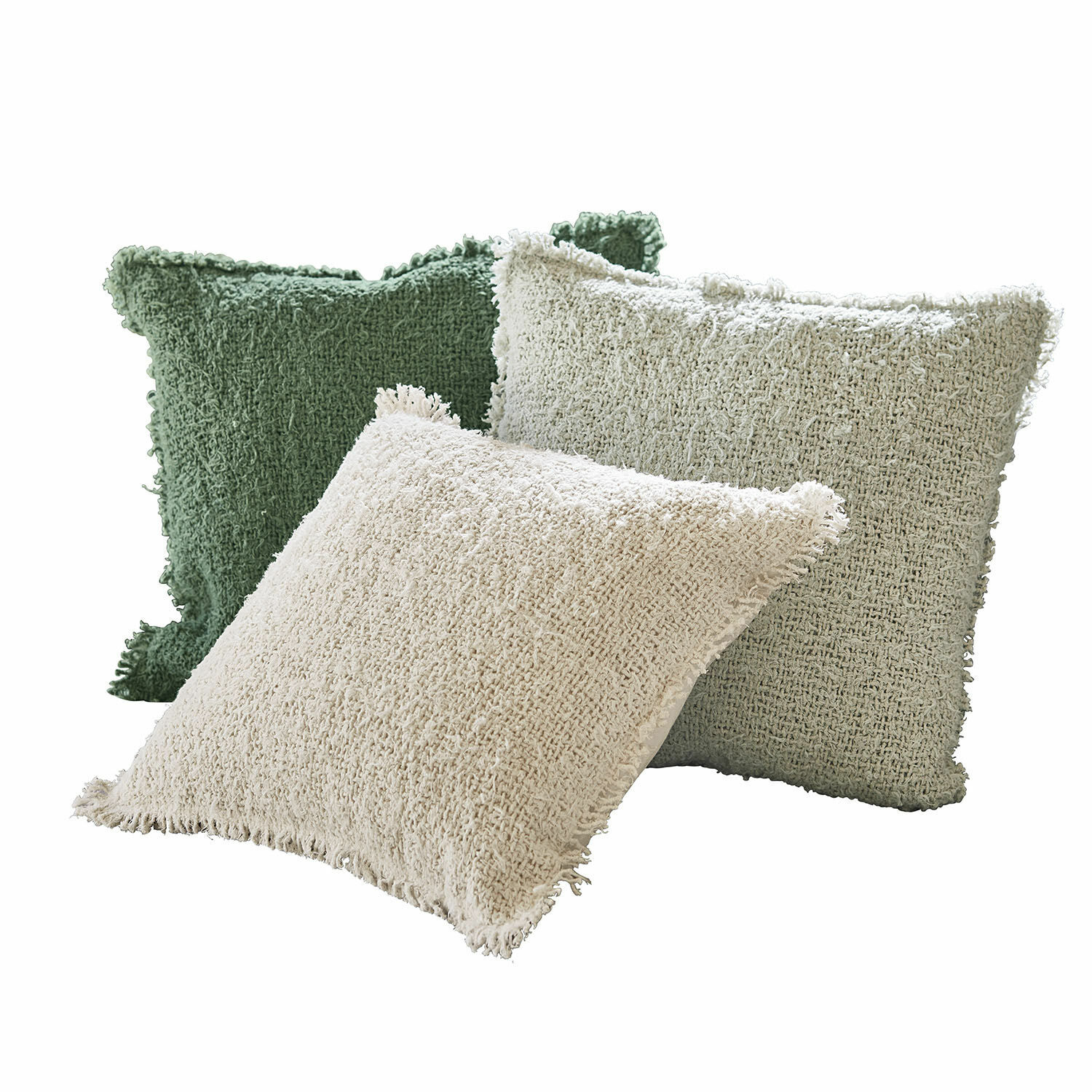 Lot de 3 housses de coussins Juliana Ensemble de trois coussins décoratifs en tissu doux vert et crème pour salon confortable