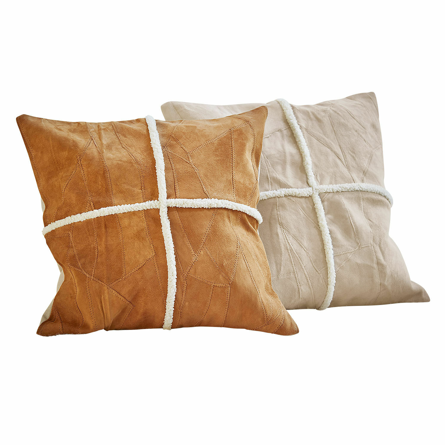 Lot de 2 housses de coussins Raminya Ensemble de deux coussins décoratifs en daim marron et beige avec motif croix blanc pour salon