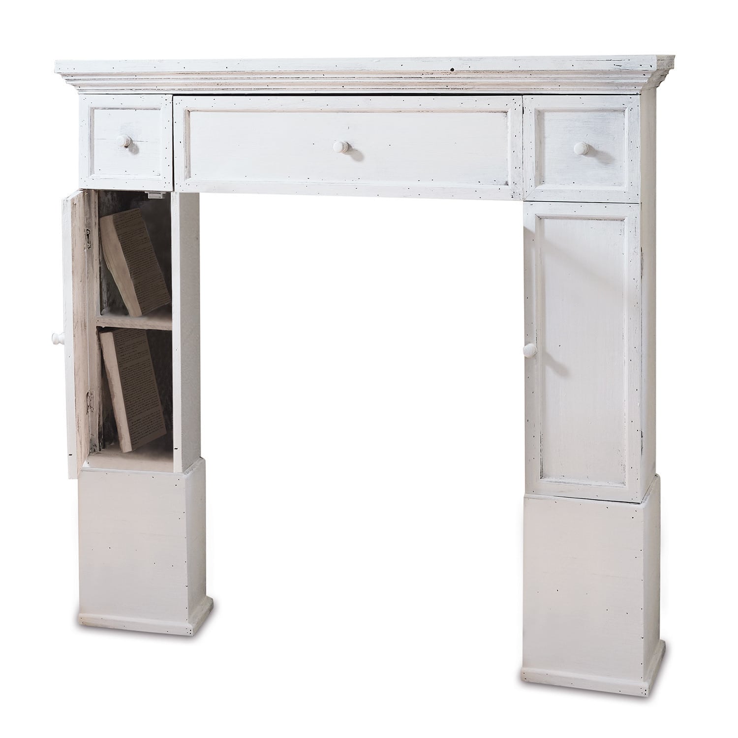 Console de cheminée Konterra en bois blanc antique avec tiroirs et rangement pour livres, style vintage
