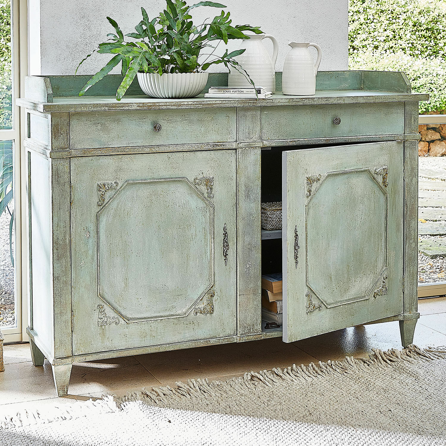 Commode Mervelique Buffet vert en bois avec deux tiroirs et portes décoratives style vintage pour rangement
