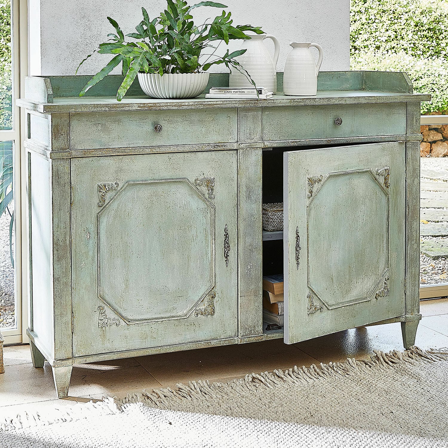Commode Mervelique Buffet vert en bois avec deux tiroirs et portes décoratives style vintage pour rangement