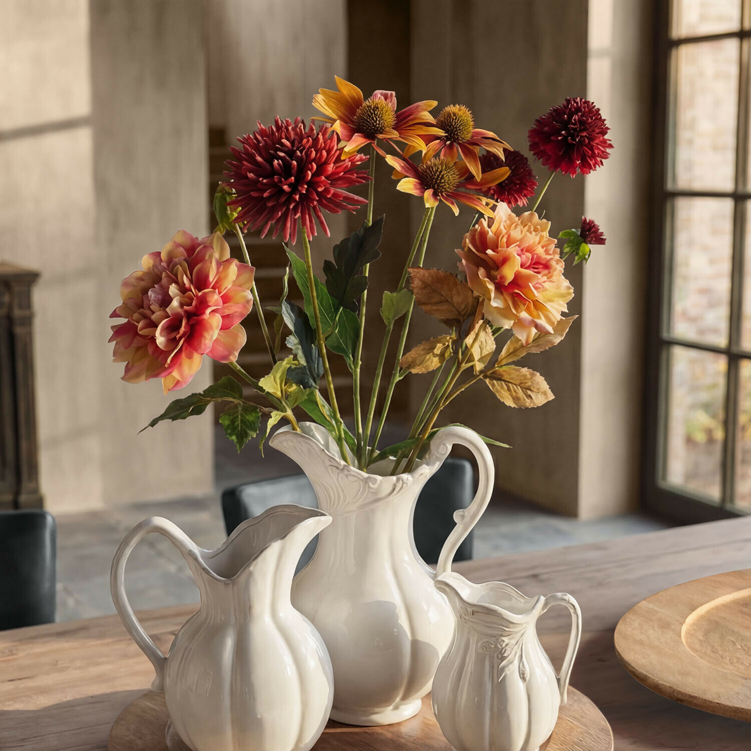 Lot de 4 fleurs décoratives Zévrine Carafes en céramique blanche sur table en bois avec bouquet de fleurs artificielles aux tons chauds