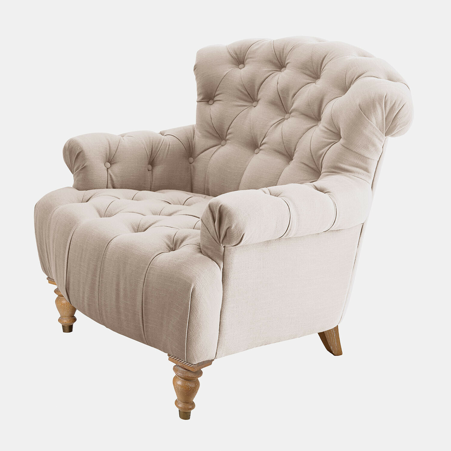 Fauteuil beige en tissu avec pieds en bois, siège confortable pour salon moderne