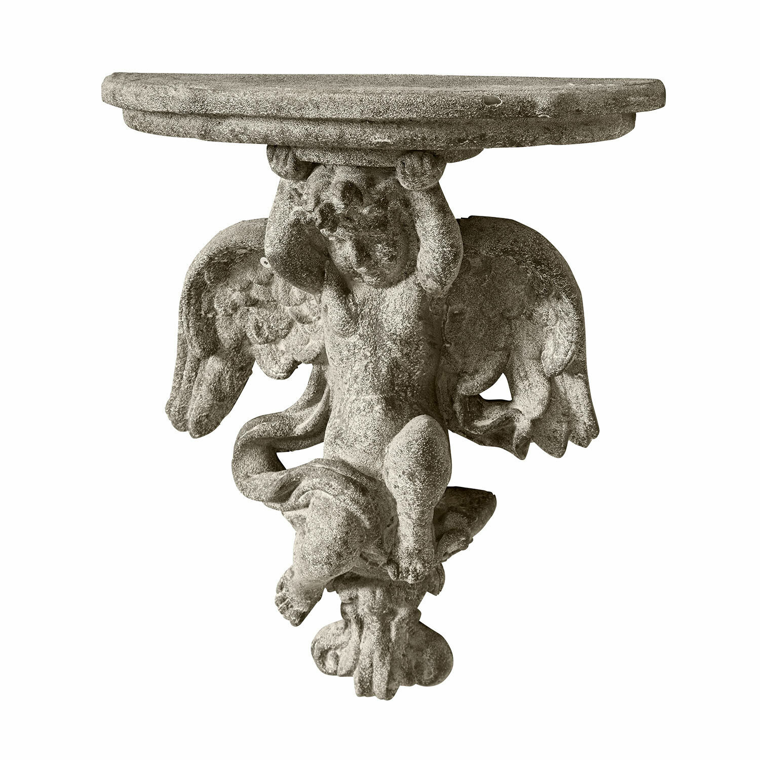 Étagère murale Deronza Table murale en pierre grise avec ange sculpté, décoration élégante pour jardin ou intérieur