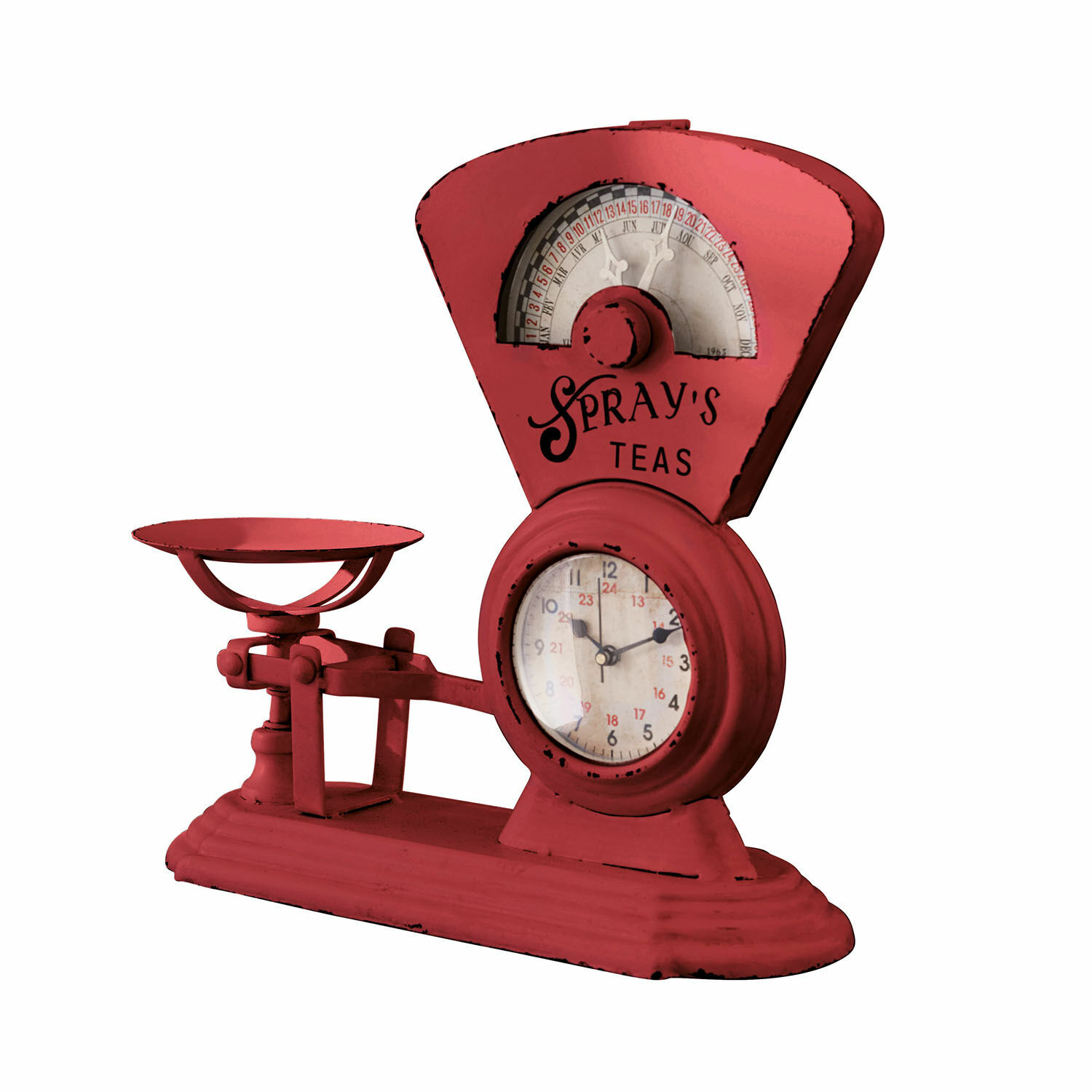 rouge vieilli Balance de cuisine rouge en métal avec horloge et inscription Spray's Teas, style vintage