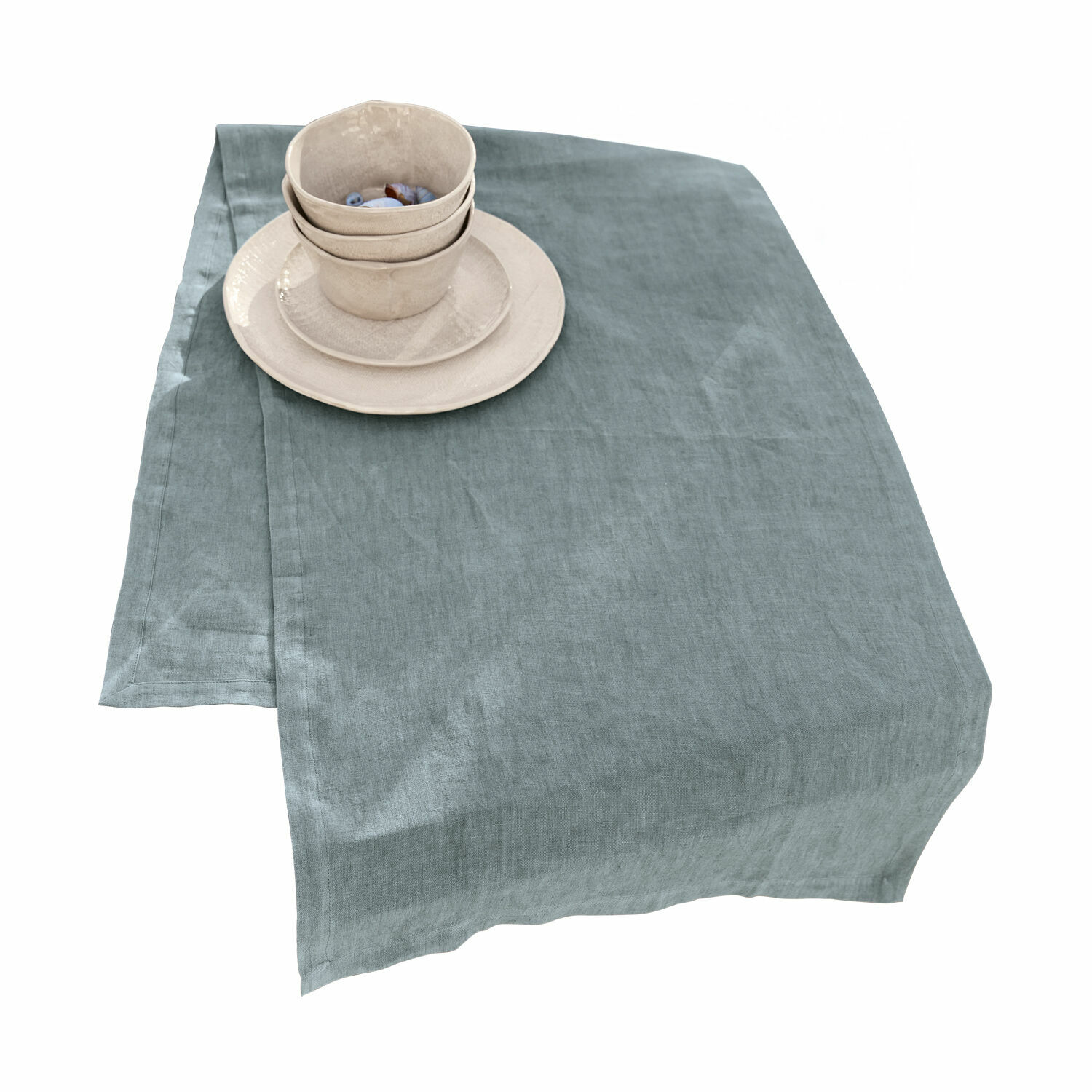 Chemin de table Bursinel Nappe en lin gris-bleu avec vaisselle en céramique beige posée dessus, décoration de table