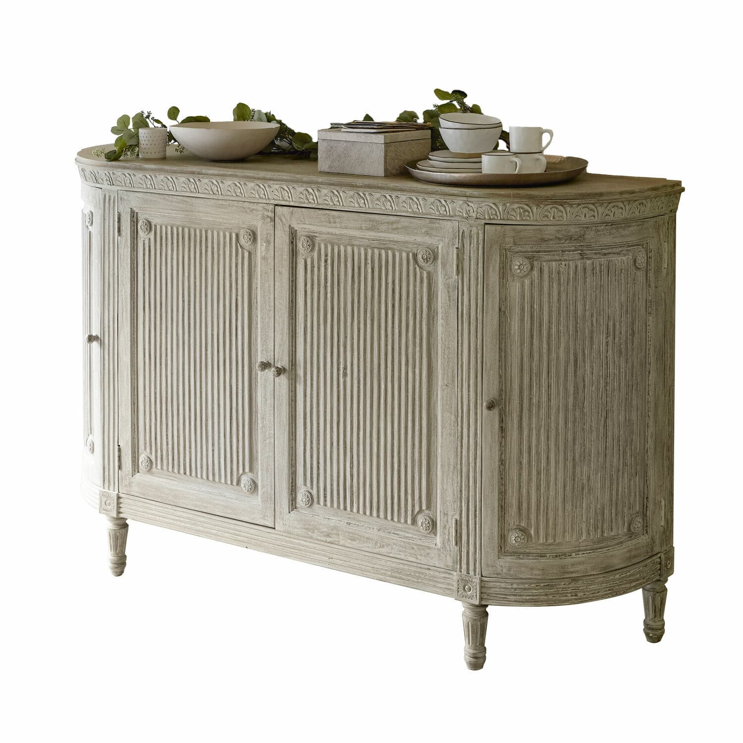 Commode Cienegas Buffet en bois gris avec portes sculptées et décorations sur le dessus pour rangement élégant