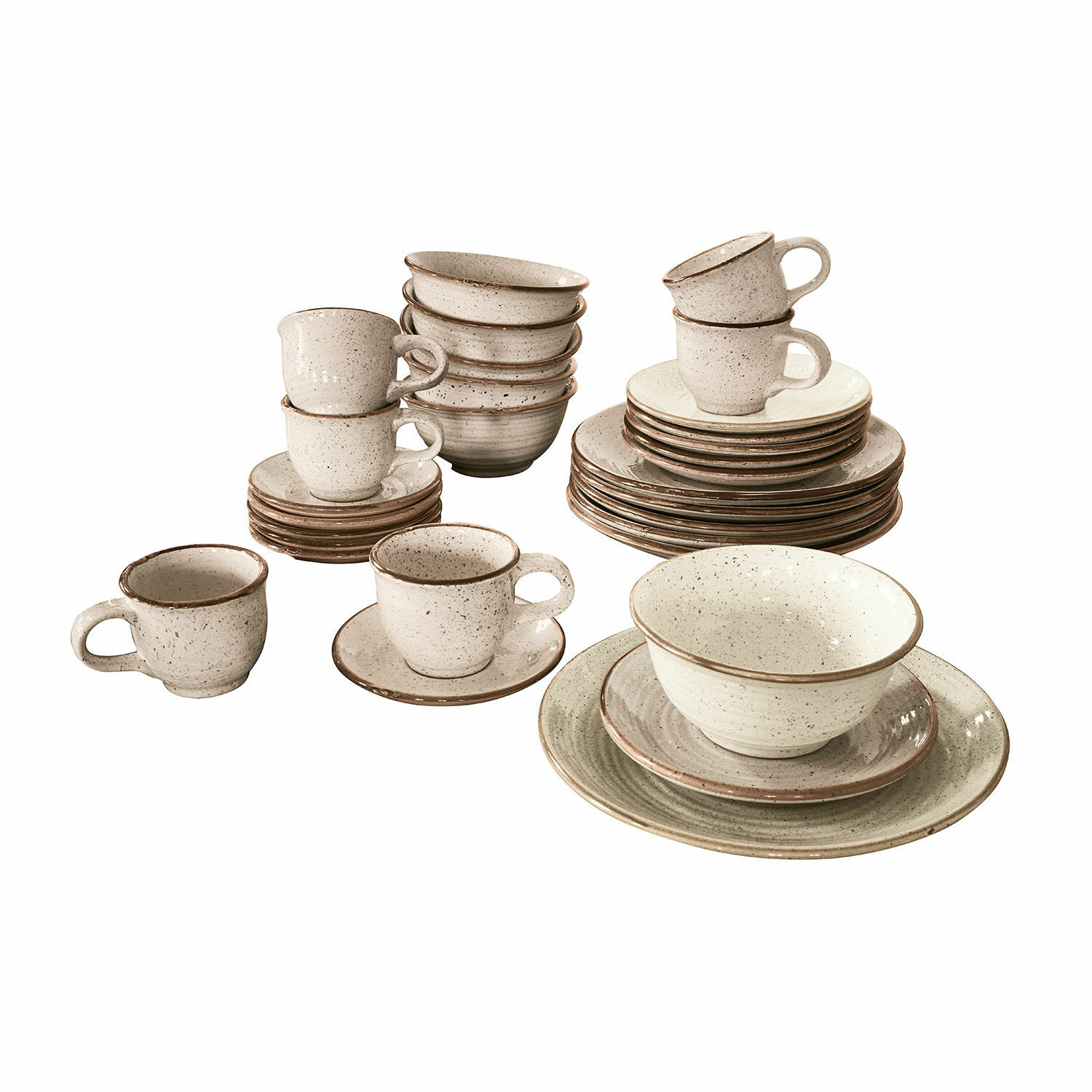 Service 30 pièces Murray Service de vaisselle en céramique crème avec bord brun, assiettes, bols et tasses empilés