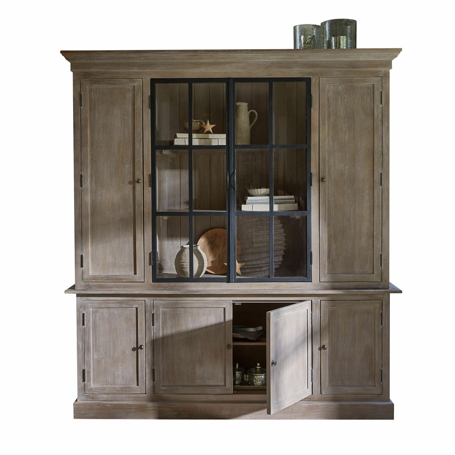 Vaisselier Valandor Grande vitrine en bois naturel avec portes vitrées et étagères, meuble de salon élégant