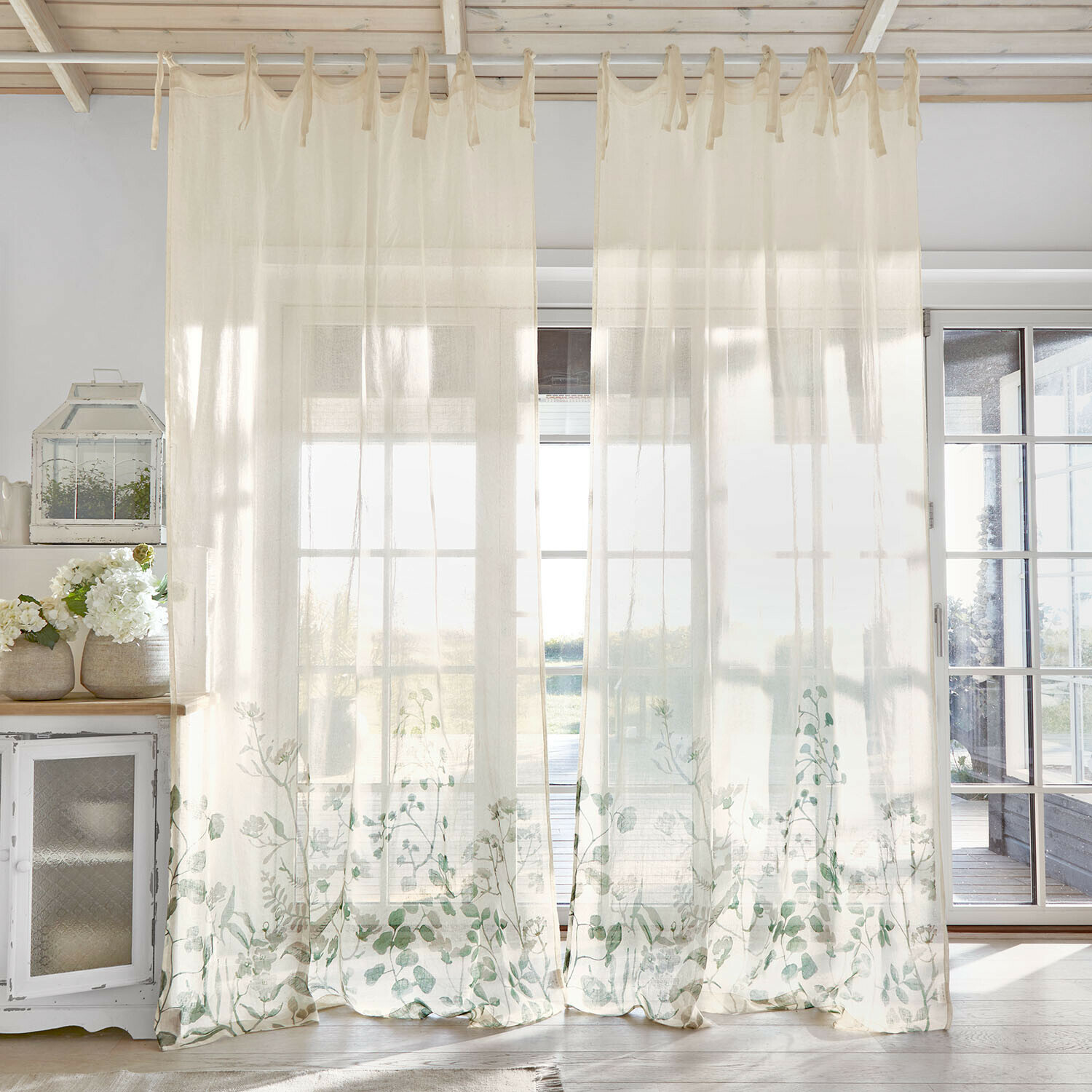 Rideau Floriale Rideaux transparents crème avec motif végétal vert en bas, tissu léger pour salon lumineux