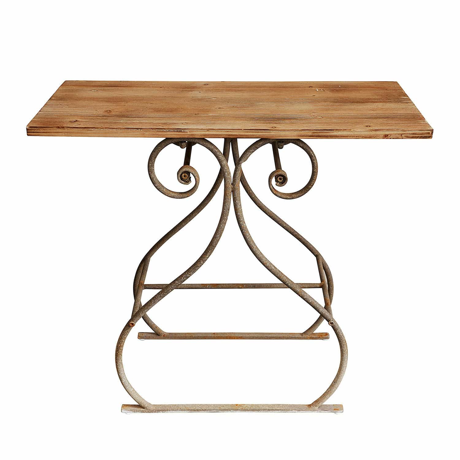 Console Clermontis Table avec plateau en bois clair et base en métal ornée de volutes, style rustique élégant