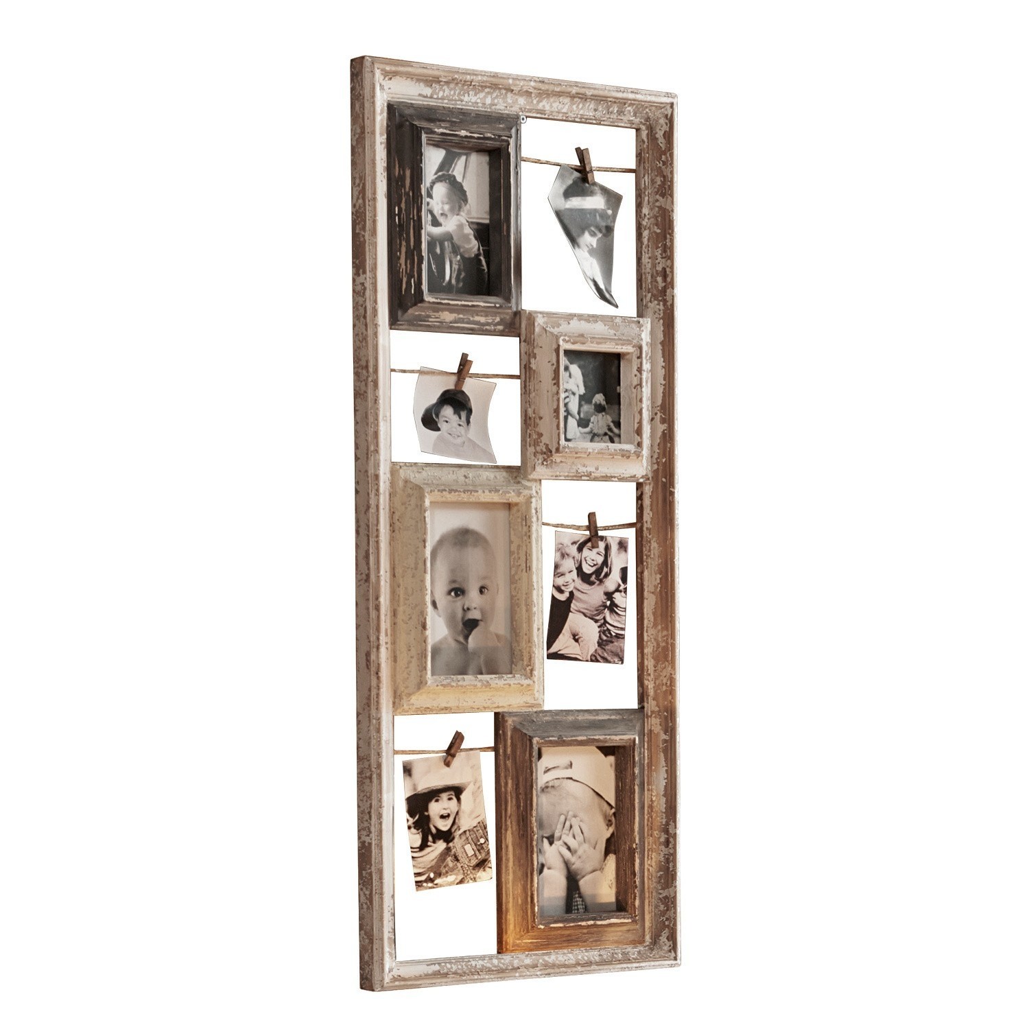 Cadres Memories Cadre photo rustique en bois marron et beige avec pinces pour accrocher des photos en noir et blanc