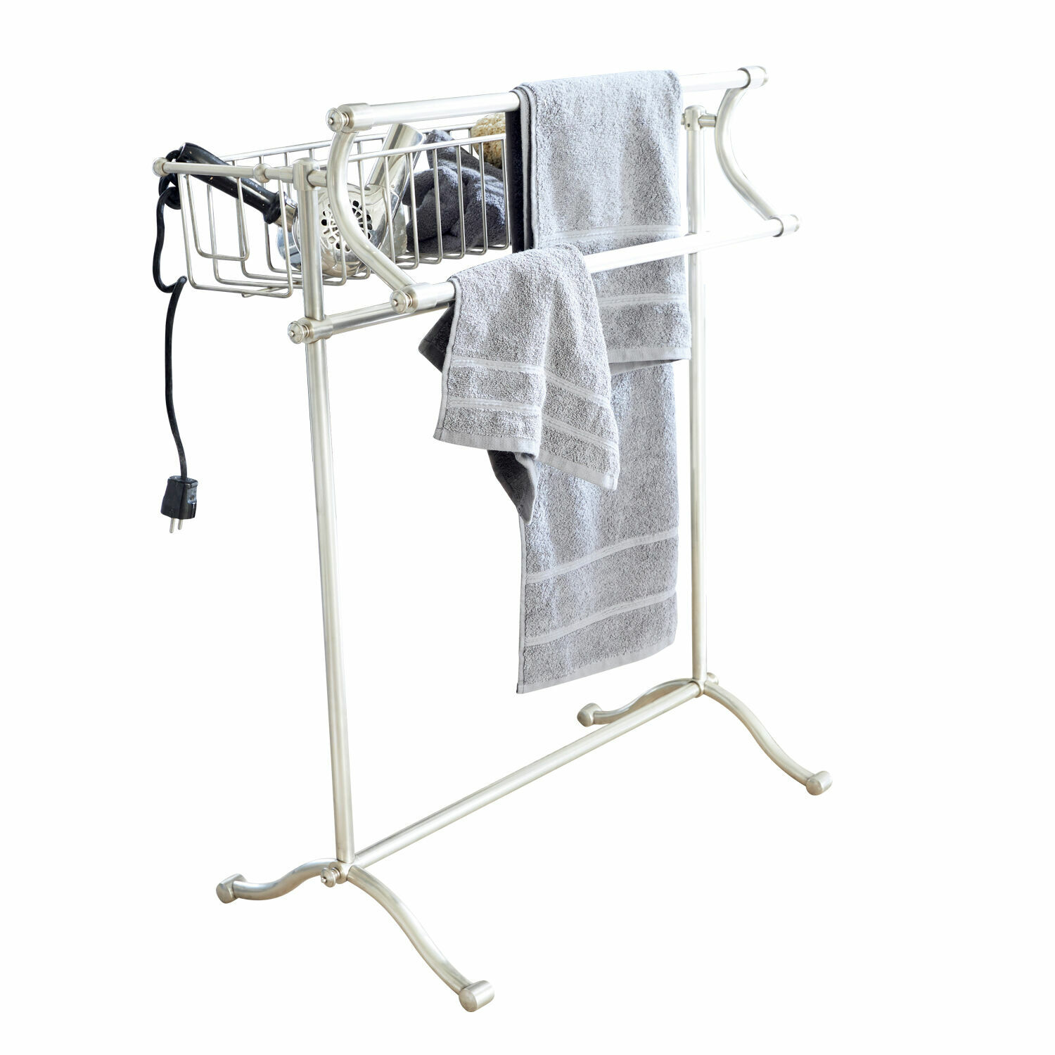 Porte-serviettes Addington Porte-serviettes en métal crème avec serviettes grises et sèche-cheveux suspendu