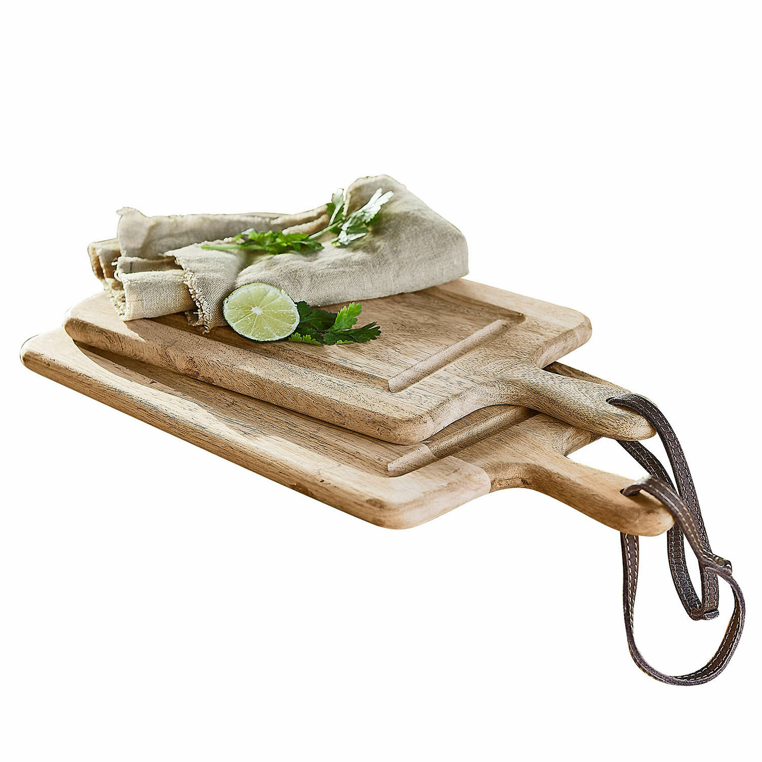 Lot de 2 planches à découper Lestino Ensemble de planches à découper en bois naturel avec poignées et cordon de suspension