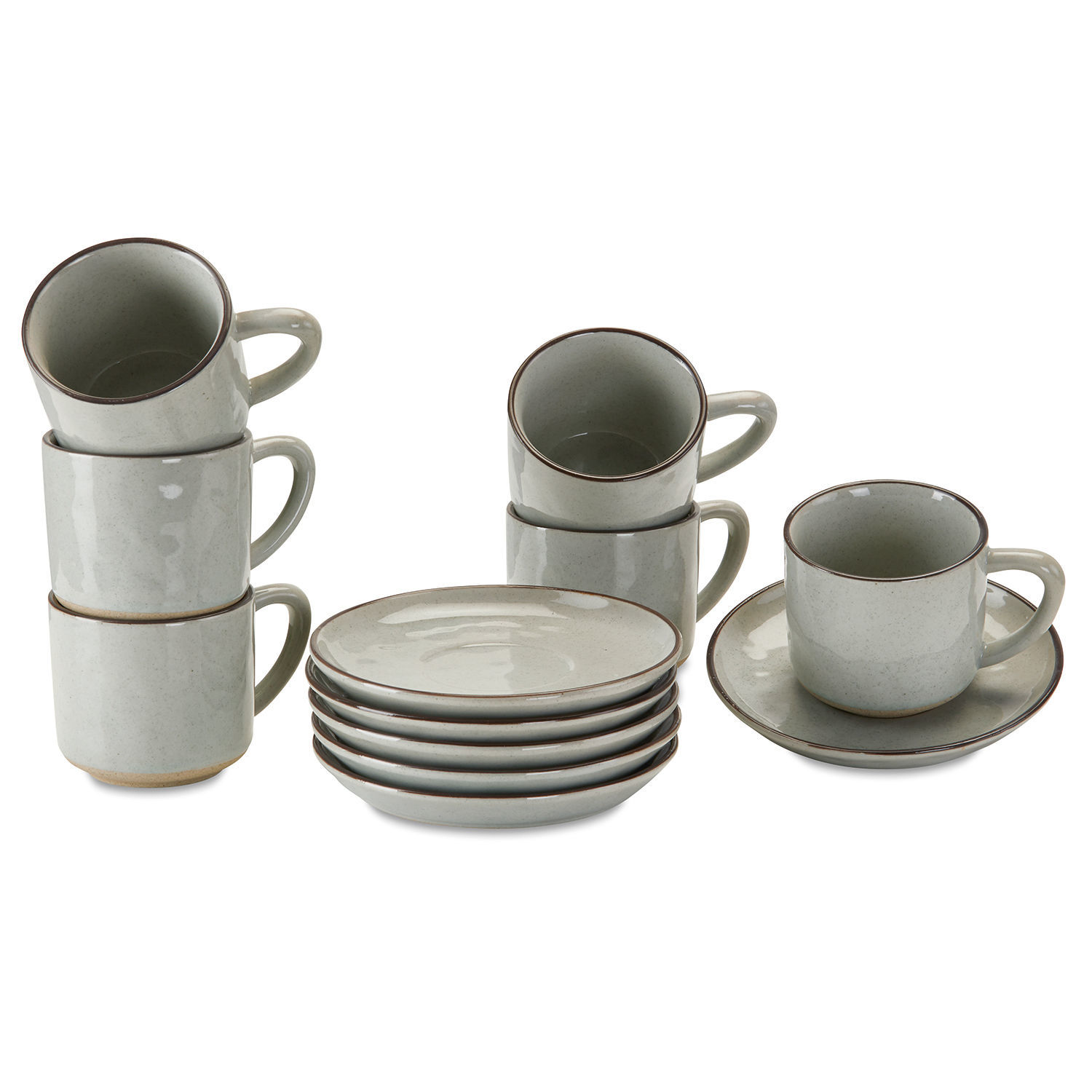 Lot de 6 tasses et soucoupes Biarré Ensemble de tasses et soucoupes en céramique grise avec bord brun pour café ou thé