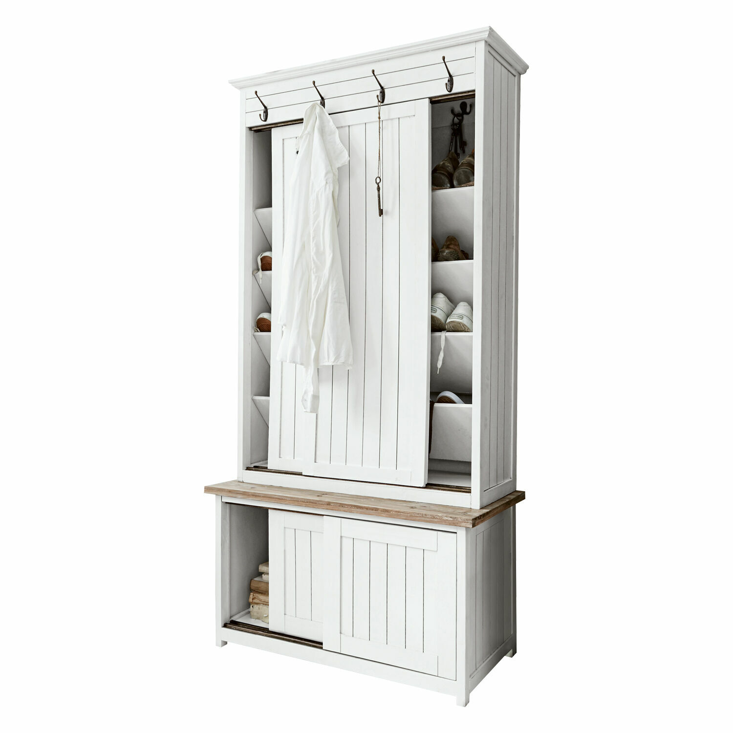 Meuble d’entrée Remerton Meuble en bois blanc avec étagères à chaussures et crochets pour vêtements dans l'entrée